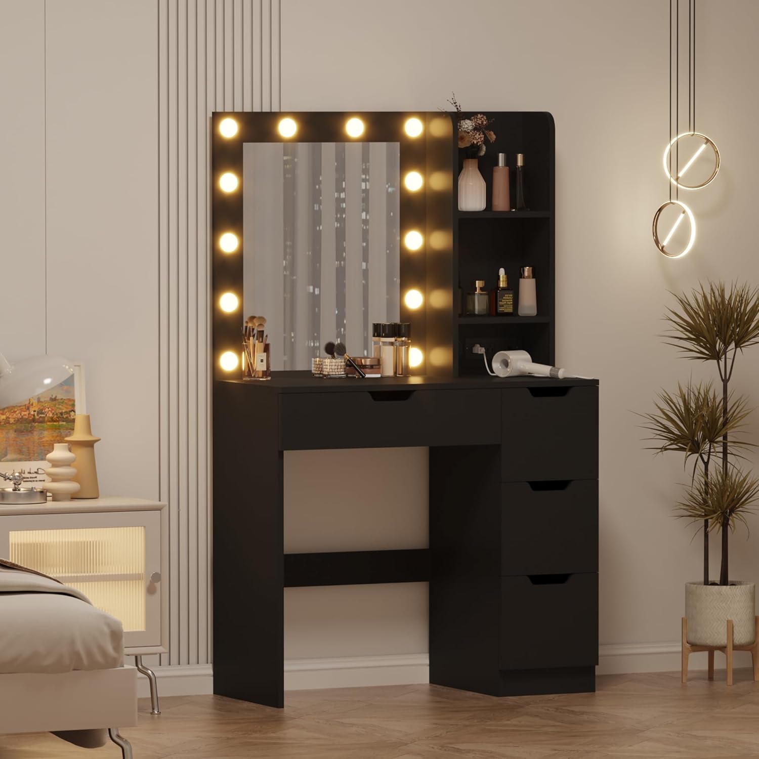 Pink Vanity Desk with 3-Mode Dimmable LED Mirror, 4 Drawers, Power Outlet & USB, Makeup Table for Bedroom/Bathroom