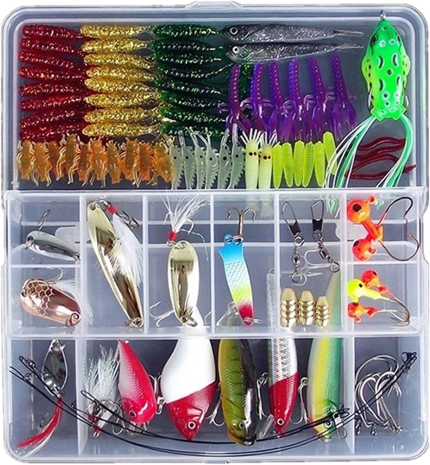 CARREY Fishing Lures,Soft Bait Pike Trout Salmon+Box Set,Lure the whole 125Pcs Artificial Bait,Soft Plastic Lures and Hard Fishing Lures accessories, more size fish hooks and simulation insects