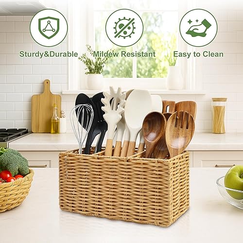 Miniatura 10 de Ayiaren Soporte de cubiertos de mimbre, organizador de cubiertos negro, organizador de cubiertos para encimera, fiesta, utensilios de cocina,