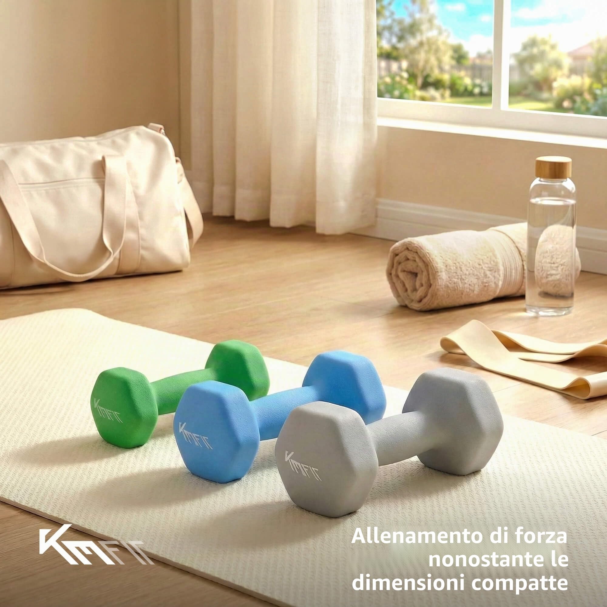 KM-Fit Set manubri 18 kg con supporto | Manubri in neoprene 1–5 kg | Impugnatura ergonomica in ghisa antiscivolo | Antirotolamento | Fitness & allenamento forza a casa
