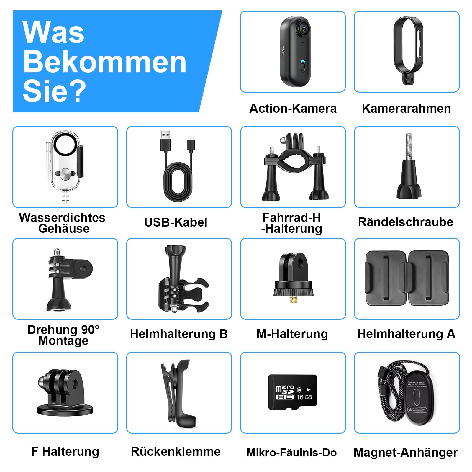 LXMIMI Action Cam, 170° Wifi Action Kamera, HD 1080P Motorradhelmkamera, 16GB-Magnet-Fahrradvideokamera, Wasserdichte Sport-Actionkamera mit Diversem Zubehör für Reiten und Spaziergänge mit Haustieren | Mini-Action-Kamera für Motorrad- oder Fahrradhelm, 1