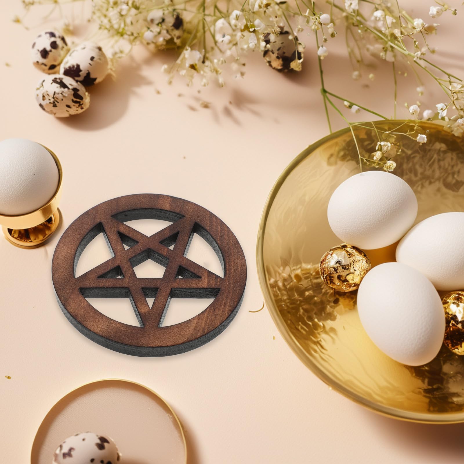 Drewniany Pentagram Dekoracyjny Ołtarz Pogański Wicca Artystyczna Płytka Ścienna Trwała Figurka Biurko i Półkę Uniwersalna Ozdoba Metafizyczna Do Rytuałów Jasnobrązowa