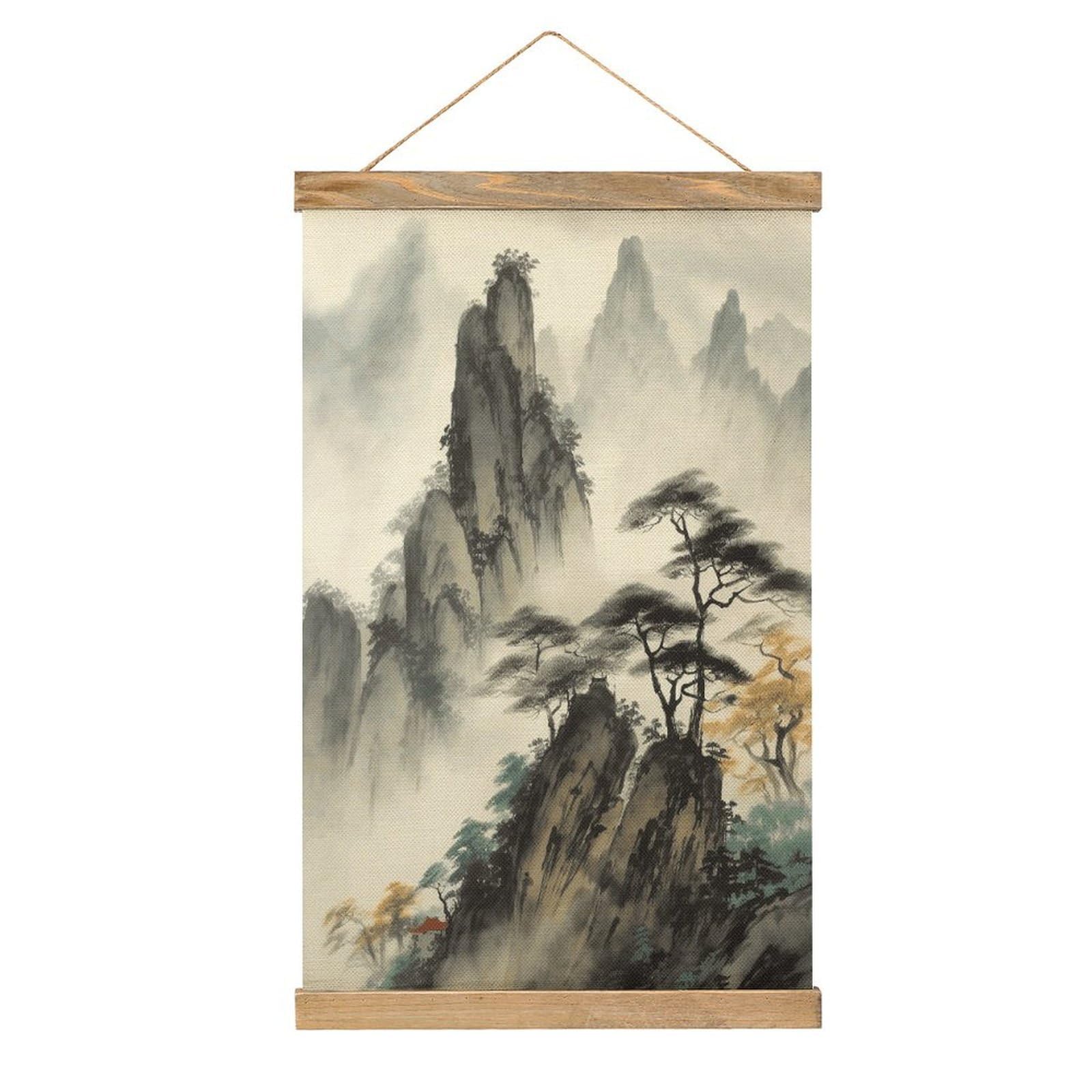 VstaDank Chinese Landscape Painting Poster with Wooden Frame Hanger Art Painting Wall Decor Poster Wall Hanging Wooden Frame 13x20 Wood Poster Hanger for Photo Picture Art Canvas Print Artwork