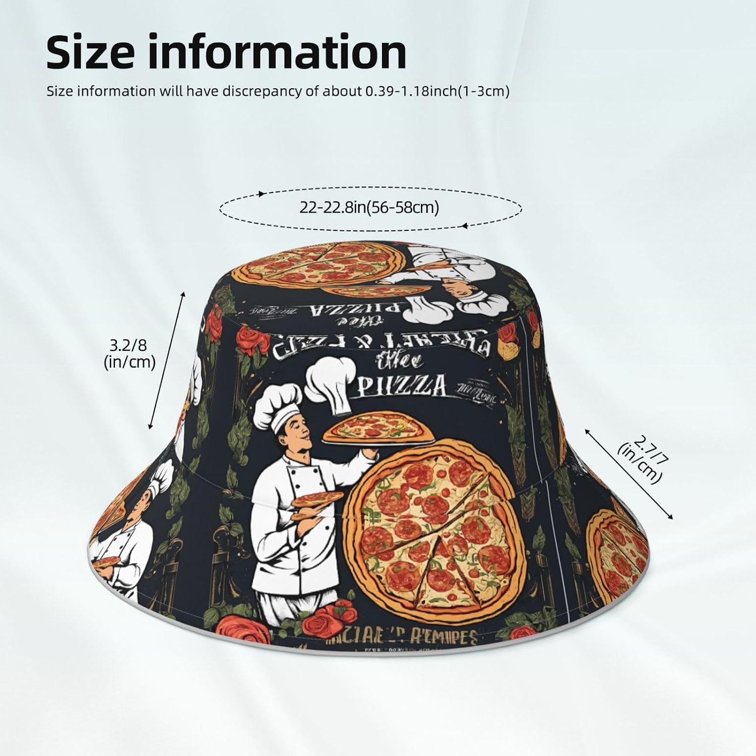 (Chef Pizza) Reflective Reversible Bucket Hat Foldable Breathable Stylish Two-Way Wear for Outdoor Travel Daily Activities Black