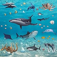 Vista 2 de Calcomanías de pared de peces con temática oceánica, bricolaje, ballena submarina, pulpo, delfín, tiburón, calcomanías de pared para despegar