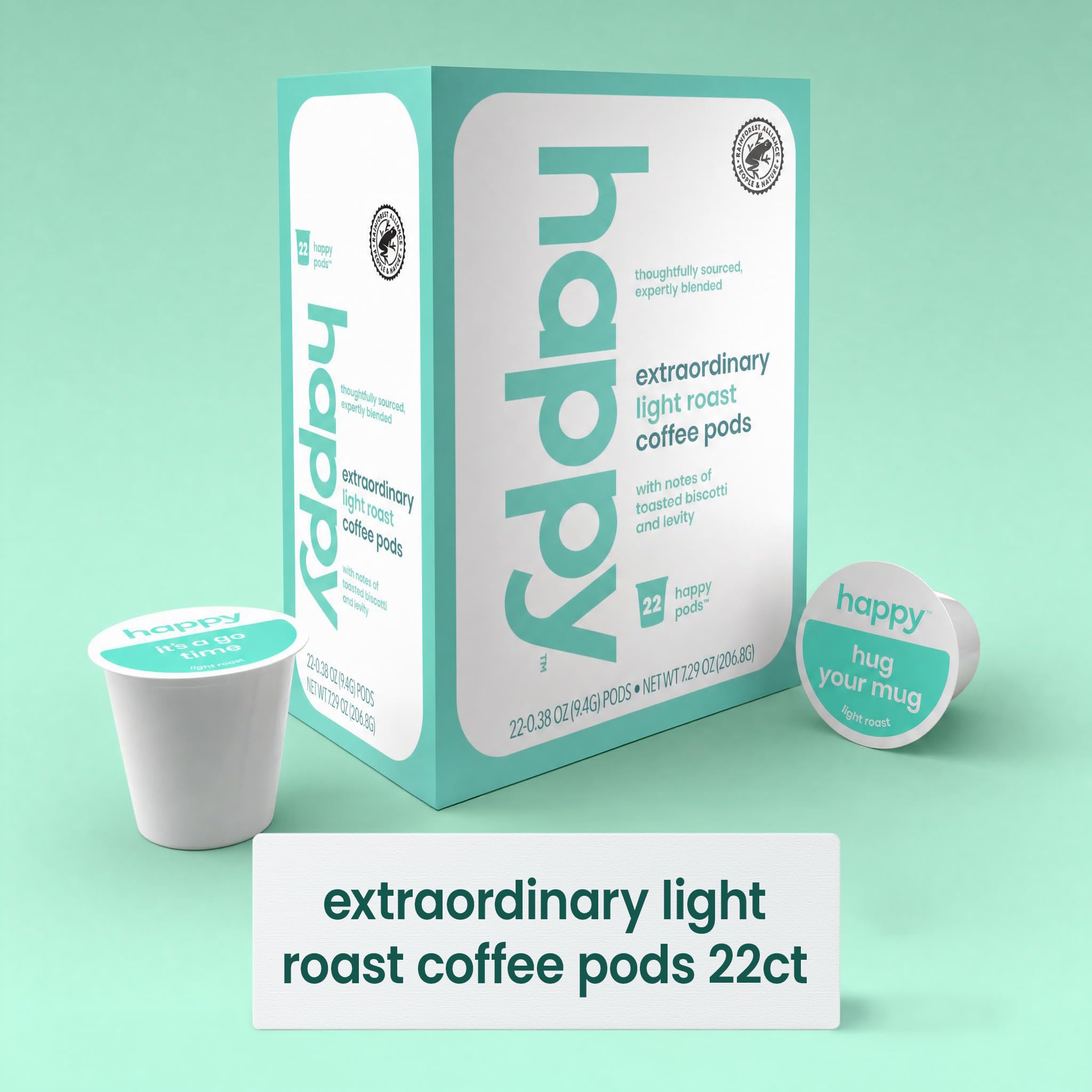 Happy Coffee - Cápsulas de café tostado ligero, 22 unidades, notas de galletas tostadas y levity, compatible con la mayoría de cafeteras K-Cup, certificado Rainforest Alliance