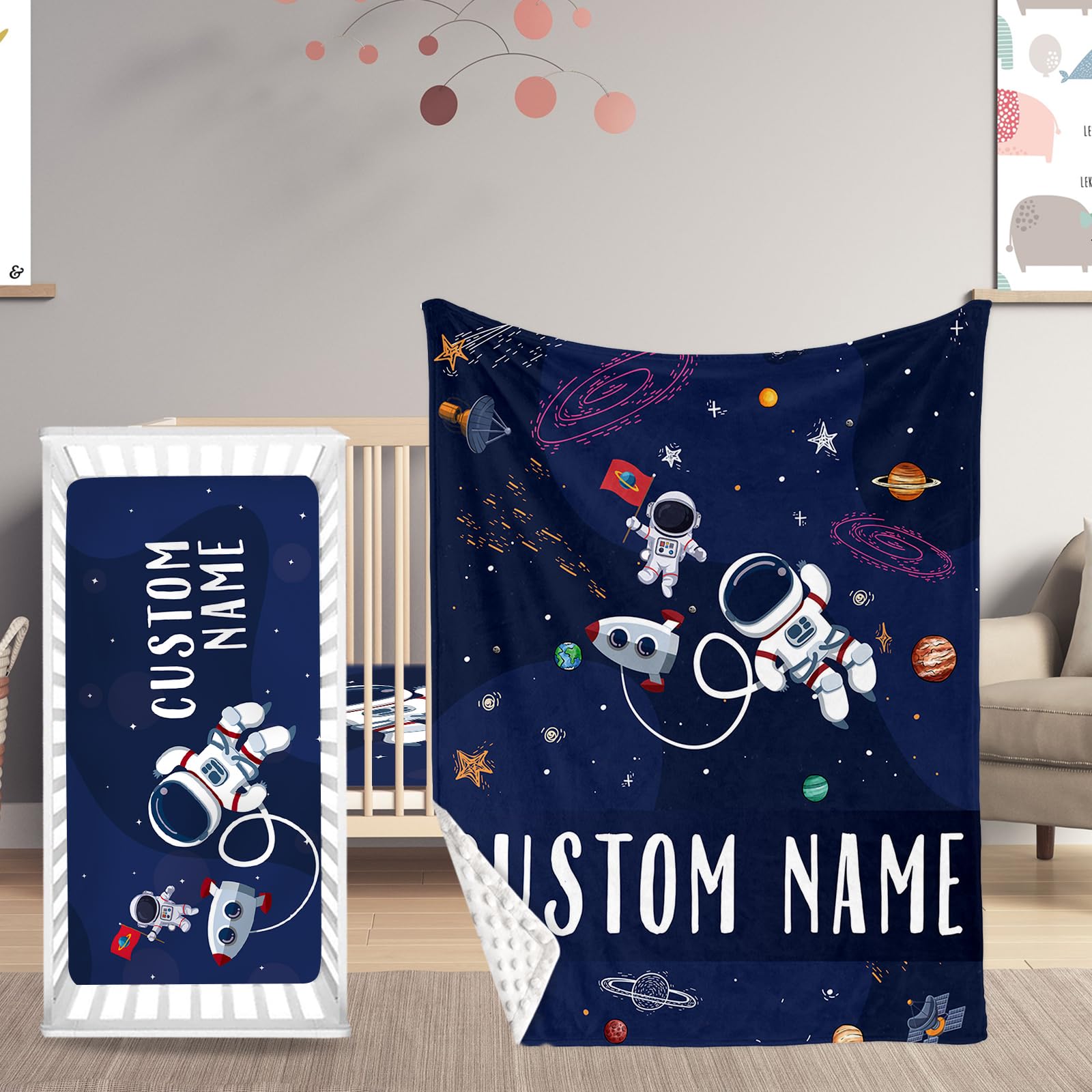 HSHRYY Personalized Name Baby Crib Bedding Set, Custom 2 Piece Set for Boys, Soft Blanket with Dotted Backing and Fitted Sheet, Perfect for Baby Newborn Shower Gift, Blue Astronaut Theme