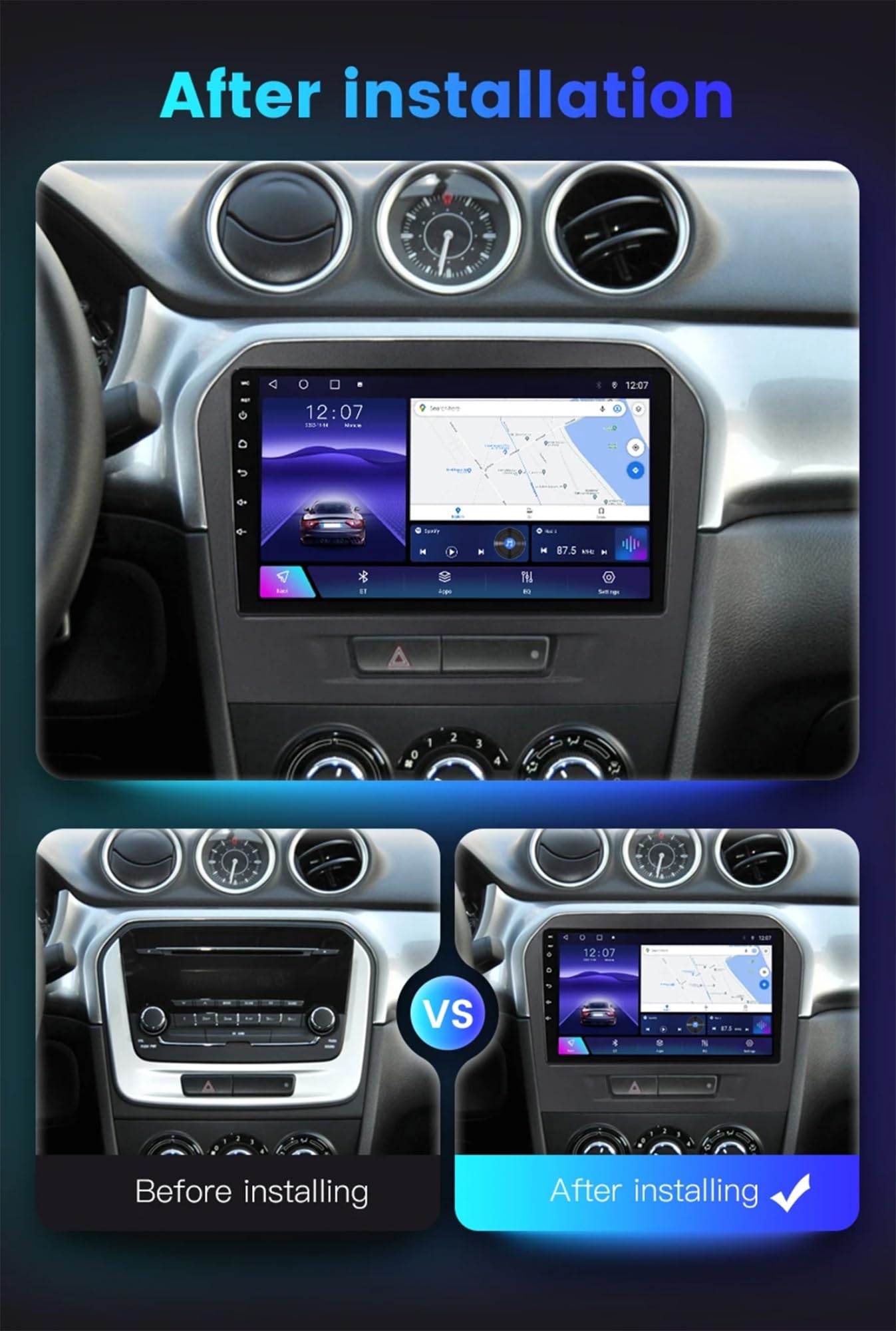 9-calowe radio samochodowe z systemem Android 12 2 DIN do Suzuki Vitara 4 2014-2018 z kamerą cofania, sterowanie kierownicą, Bluetooth, GPS, nawigacja, bezprzewodowy mikrofon CarPlay WiFi