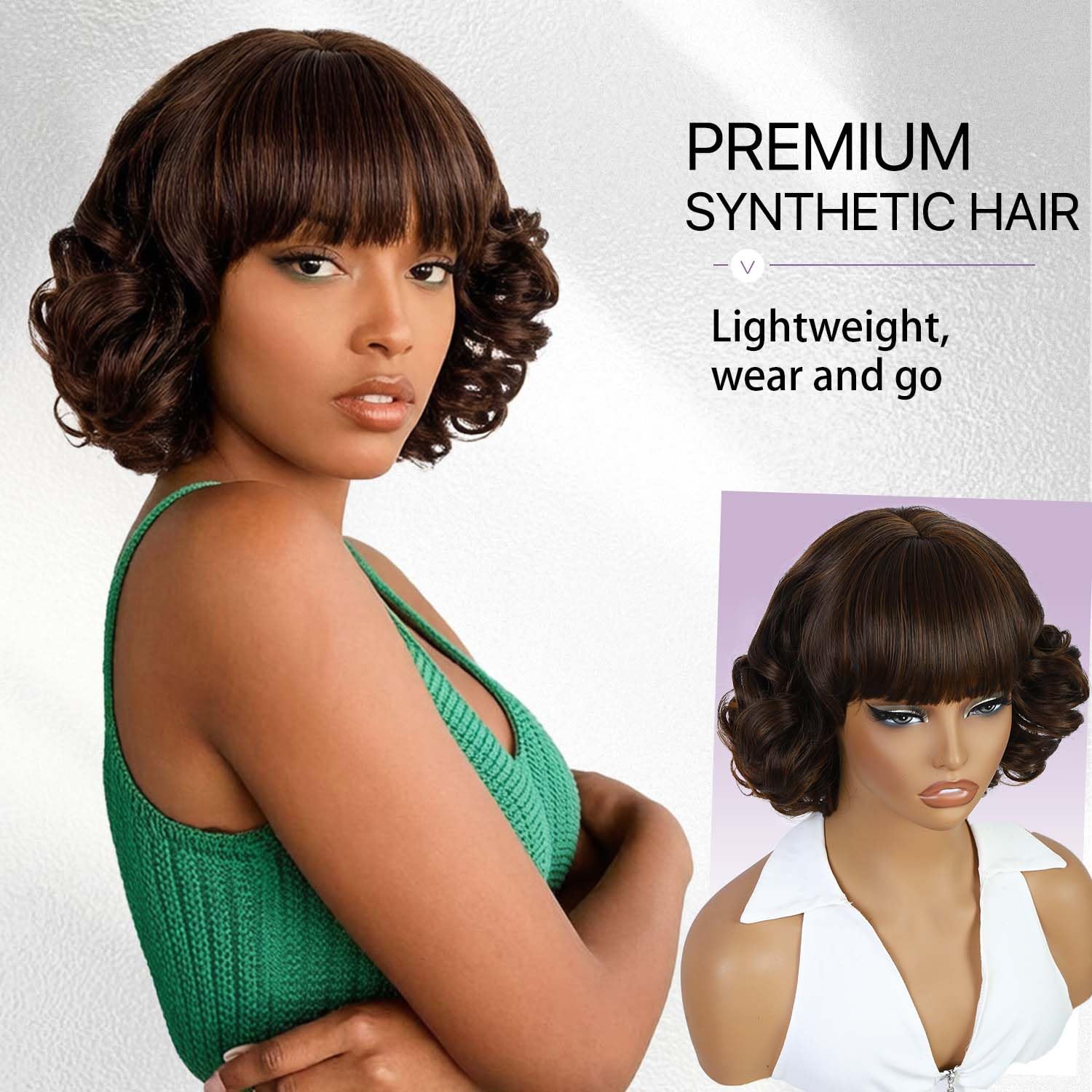 Fancy Hair Trendy Mixed Brown Short Curly Wig with Bangs - Synthetic Fiber Party Bob Wig for Women, Voluminous Curly Hairstyle for Daily & Cosplay