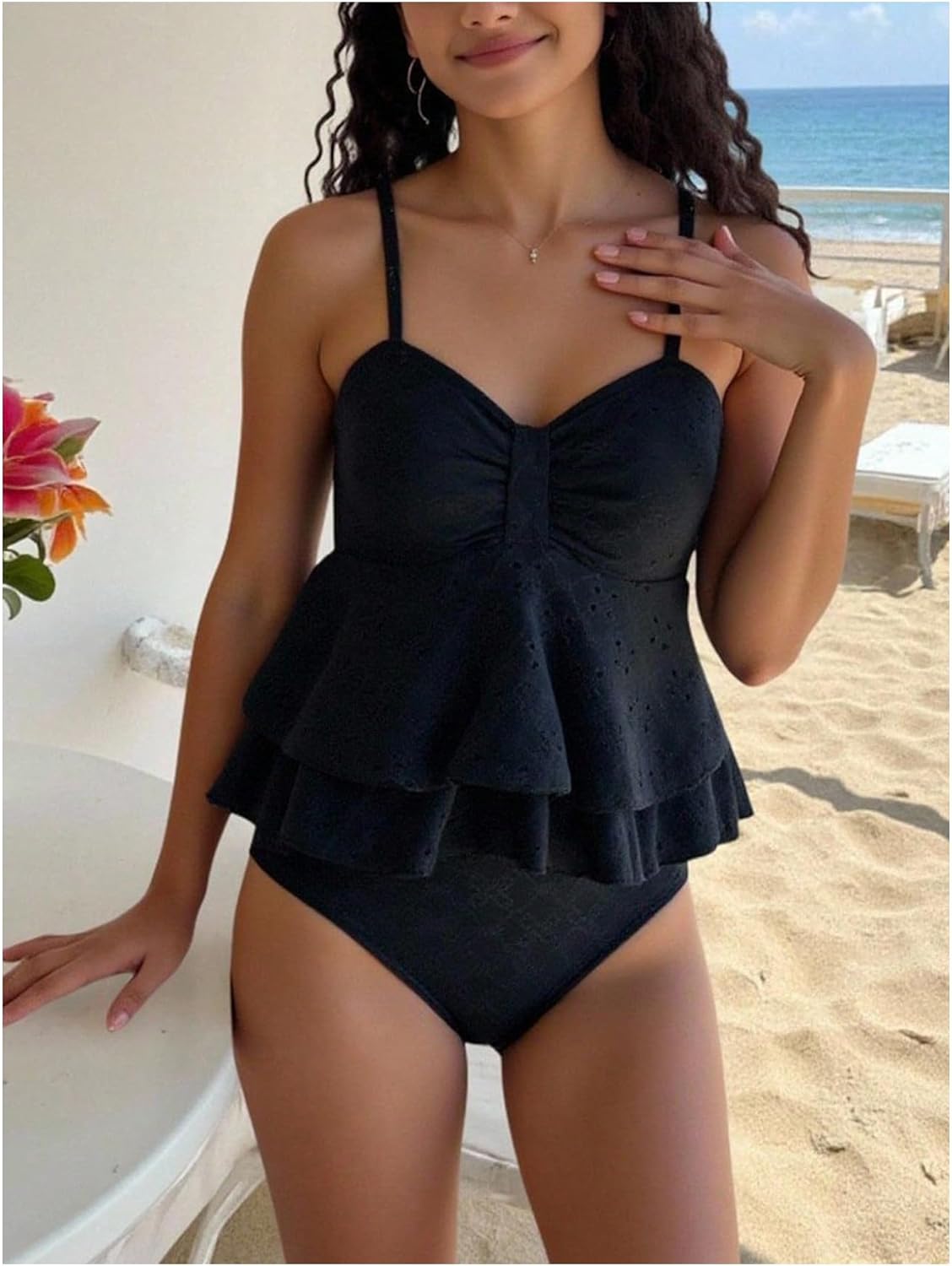 SHENHE Girl's Ruffle Tankini Swimsuits 2 Piece Spaghetti Strap Layered Eyelet Bathing Suits