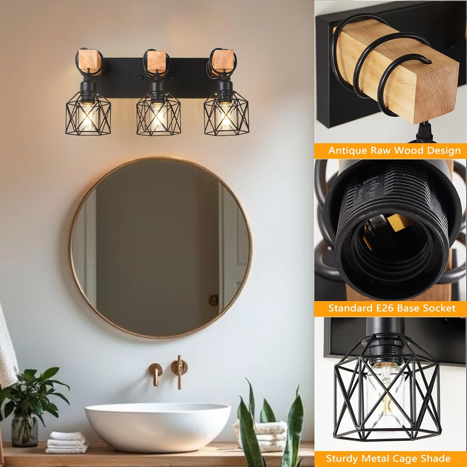 Black Farmhouse Wall Sconce, Rustic Industrial Wood Wall Mount Lamp, Bathroom Vanity Light, Black Vanity Lights & Bathroom Wall Light for Mirror, Restroom Light Fixture Indoor