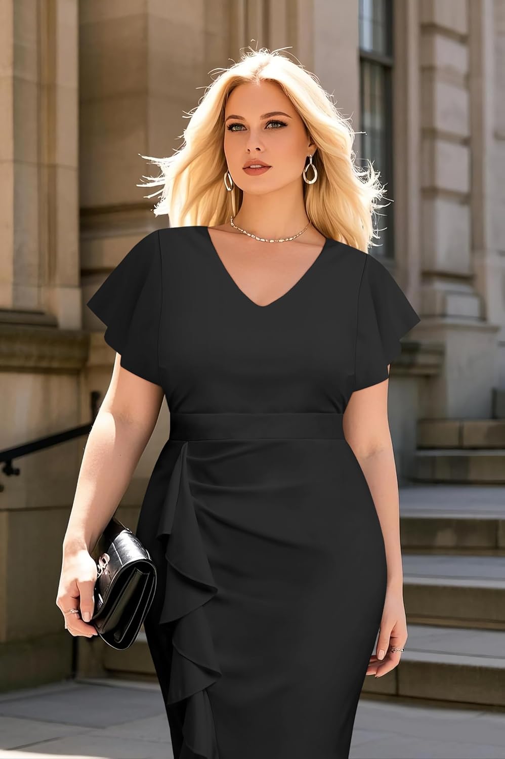 Plus Size Cocktail Dress - Wedding Guest Women Bodycon Vintage Ruffle Church Pencil Dress - Image 3