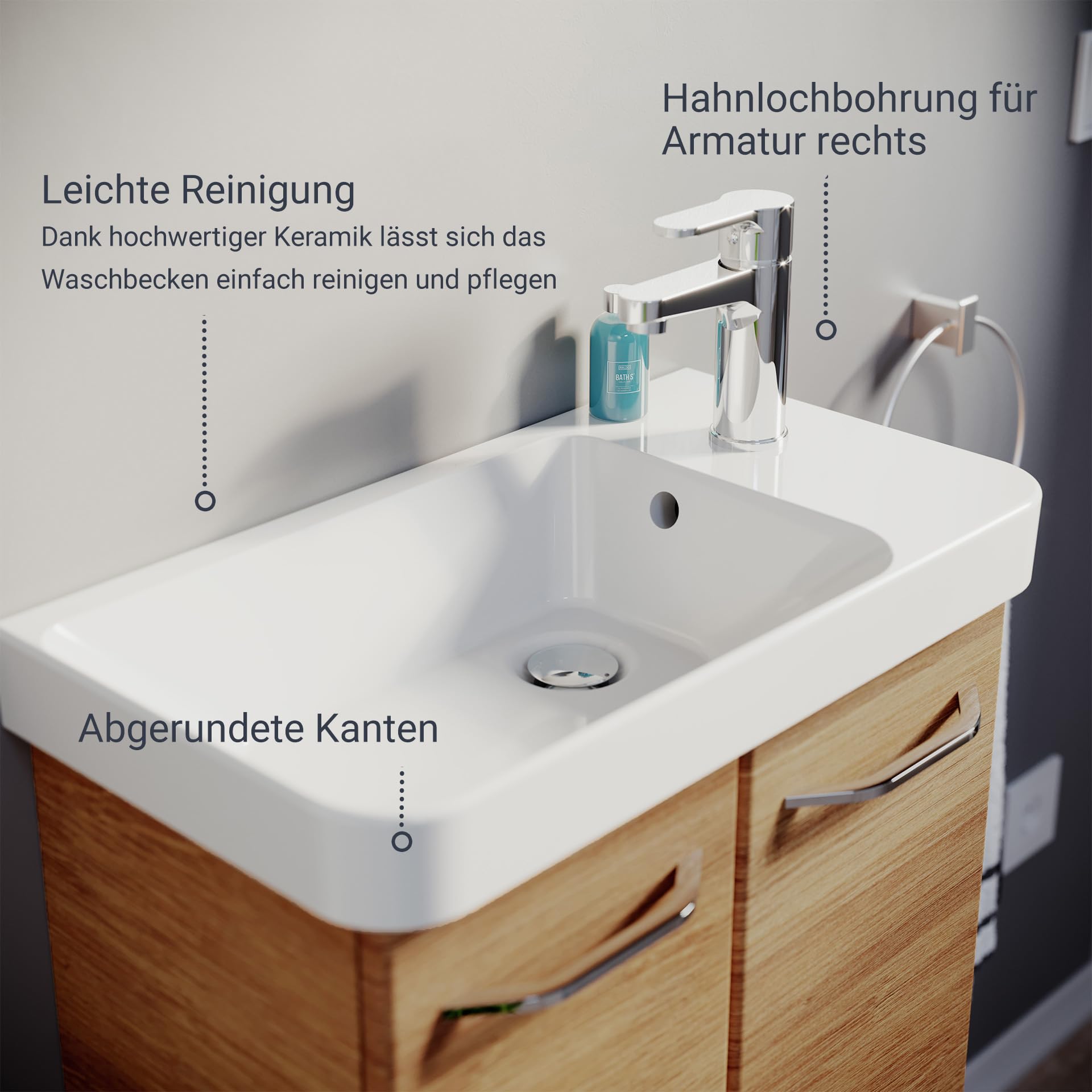 FACKELMANN Keramik Waschtisch Milano Gäste-WC/Maße (B x H x T): ca. 55,5 x 16 x 30 cm/Keramikbecken/Waschbecken fürs Bad und WC/integrierter Überlauf/gesoftete Kanten/Farbe: Weiß