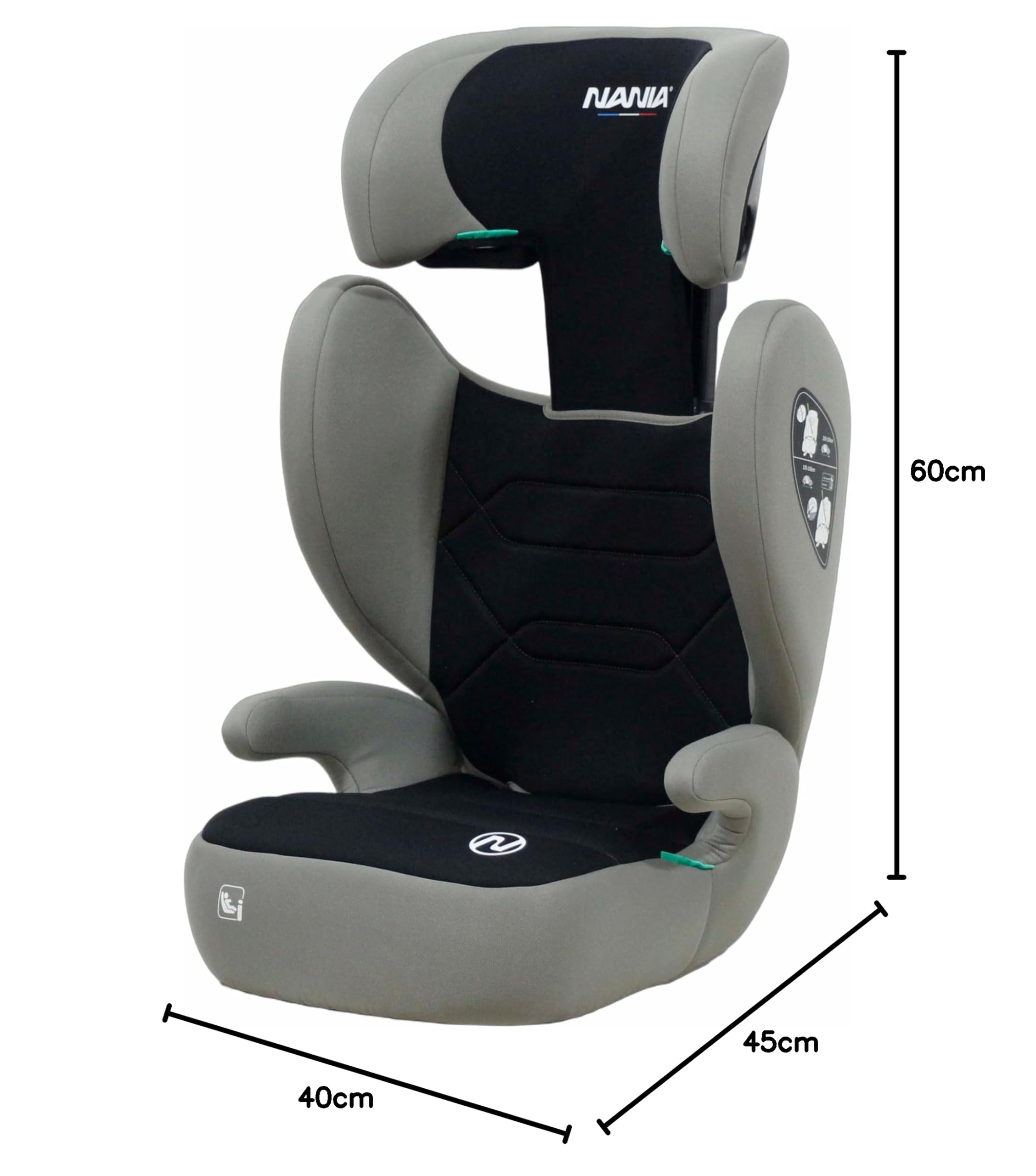NANIA Belem, Seggiolino auto, 2 in 1, i-Size, 100-150 cm, da 3,5 a 12 anni, da 15 a 36 kg, cintura di sicurezza a 3 punti, Protezioni laterali, Poggiatesta Regolabile 9 Posizioni-non reclinabile
