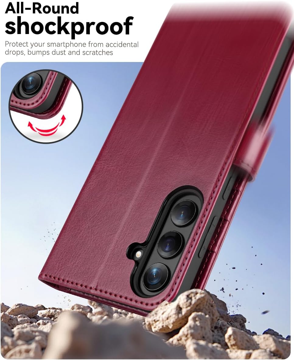 OCASE Compatible with Galaxy S25 FE Wallet Case, PU Leather Flip Folio Case with Card Holders RFID Blocking Kickstand [Shockproof TPU Inner Shell] Protective Phone Cover 2025, Burgundy