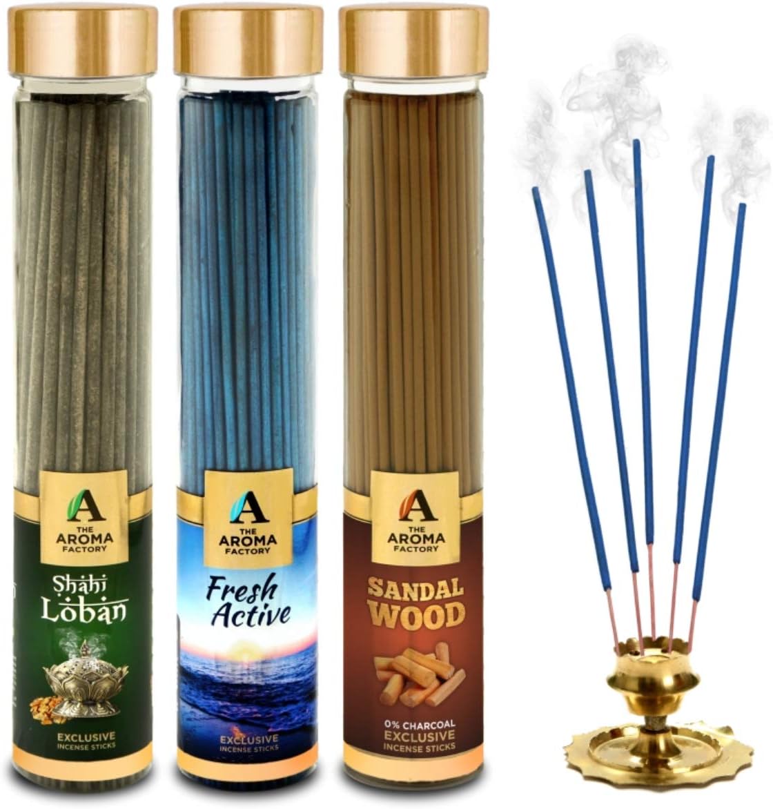 The Aroma Factory Loban,Fresh Active & Sandalwood Agarbatti for Pooja,Luxury Incense Sticks,100% Herbal Fragrance Agarbathi (Bottle Pack of 3x100g)