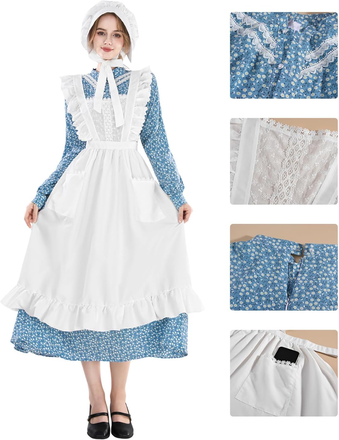 CR ROLECOS Colonial Prairie Dress for Women Long Sleeve Pioneer Costume Amish Old Fashioned Floral Dresses - Image 4