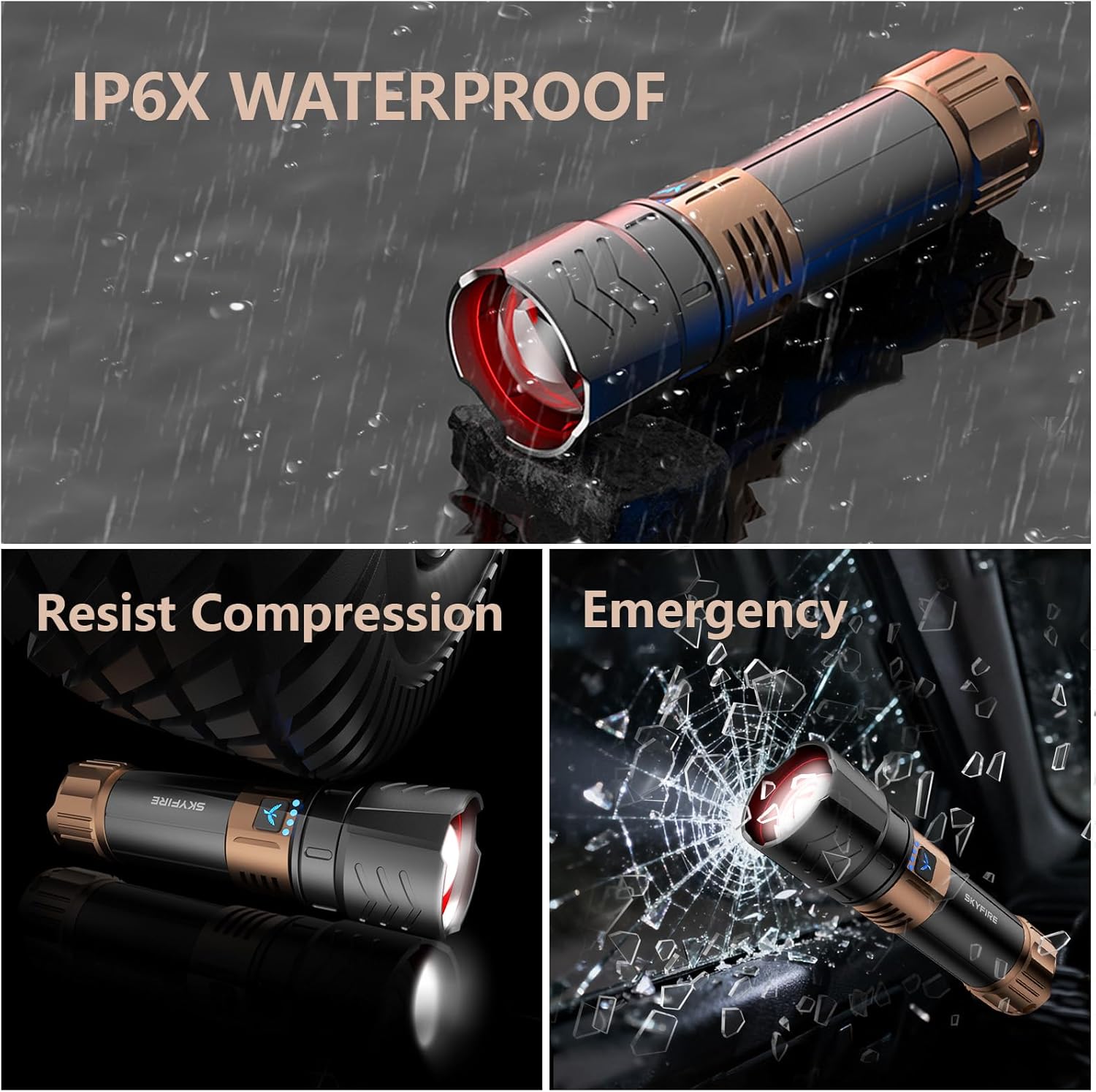 SKYFIRE Rechargeable Flashlights High Lumens Plus with Ignition Lens,3000lm Super Bright Flashlight,7500mAh,Zoomable,Waterproof Tactical Flash Light for Camping Essentials Outdoor Home&Gifts-Upgraded