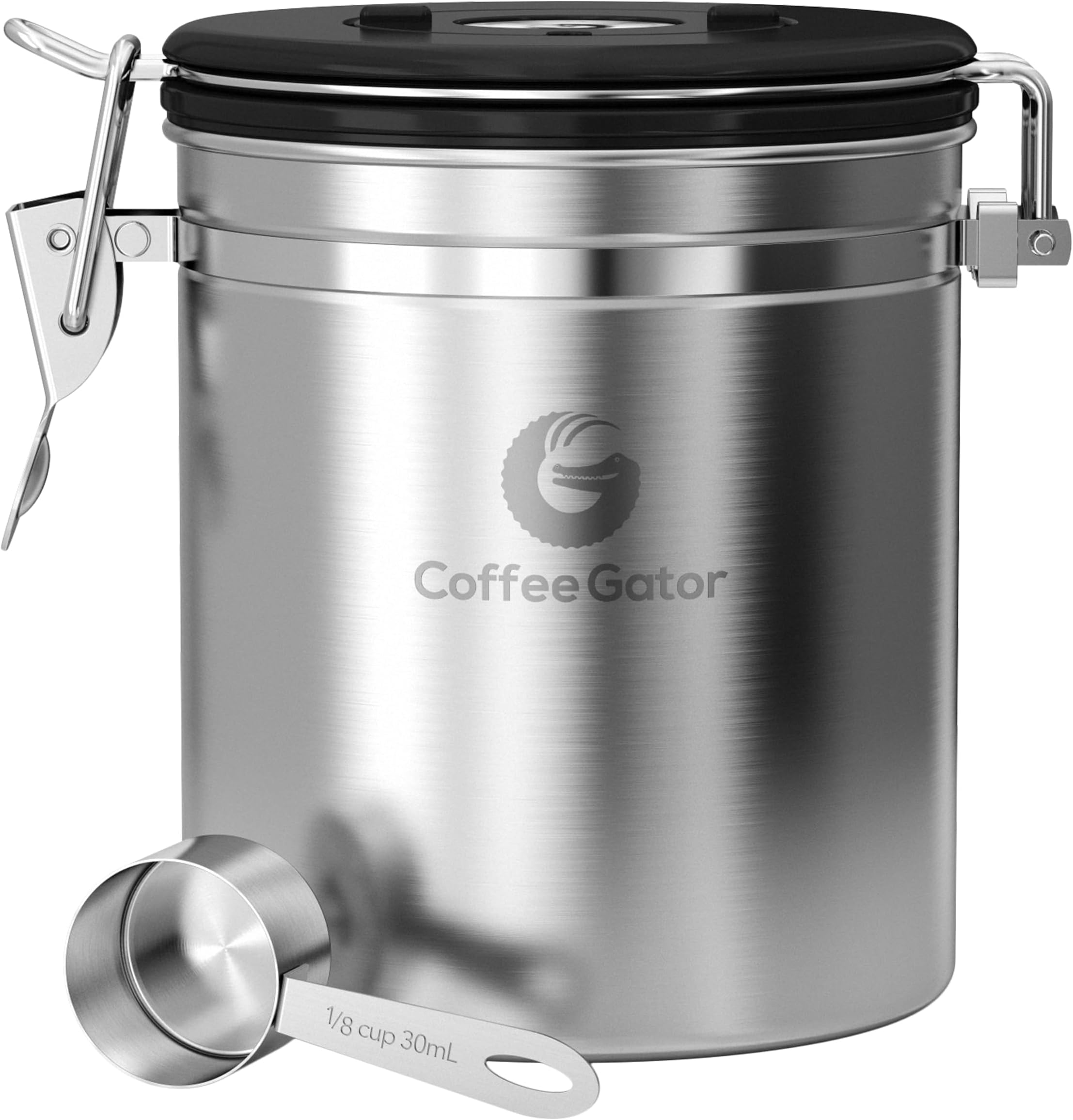 Coffee Gator Coffee Canister, 16oz Airtight Stainless Steel Kitchen Food Storage Container with Date Tracker, Scoop for Sugar,Grounds Coffee, Beans,Tea, Sugar, Cereal, Flour, Cookies Jars - Silver