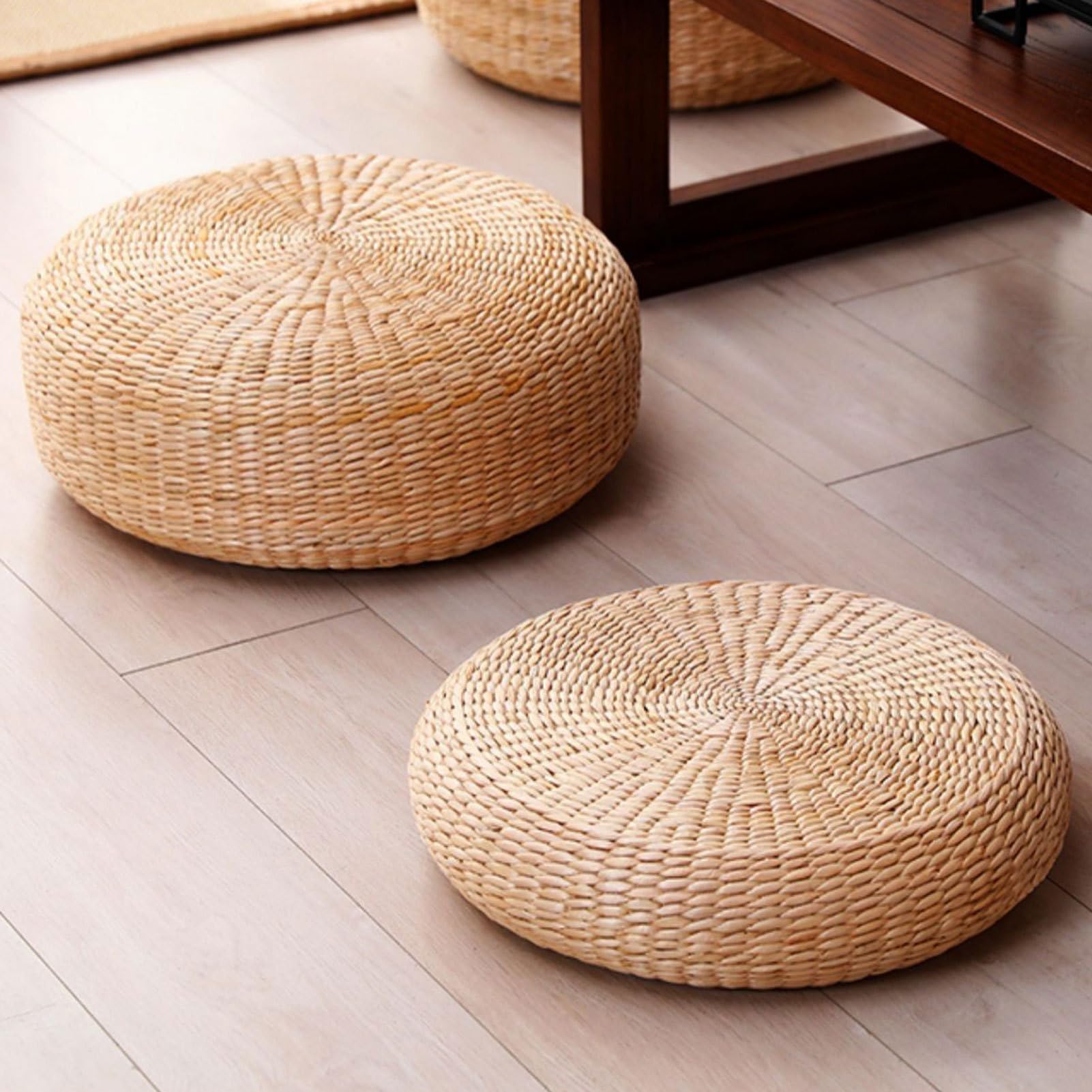 Japanisches Sitzkissen - Handgefertigte Strohbodenmatte, atmungsaktives rundes Kissen für Yoga-Stuhl, flache Stuhlkissen für Komfort und Unterstützung
