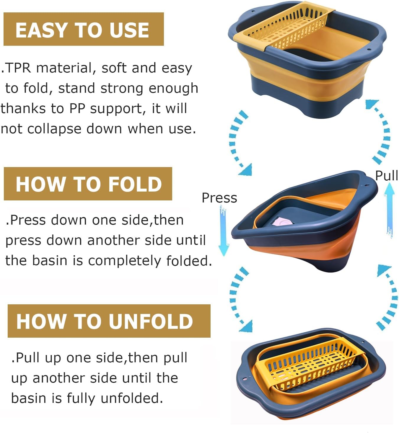 11L（2.91 Gallon） Collapsible Dish Basin with Drain Plug, Space Saving Outdoor Multiuse Foldable Sink Tub, Dishpan, Portable Kitchen Storage Tray for Vegetable Washing, Camping, RV (Yellow)