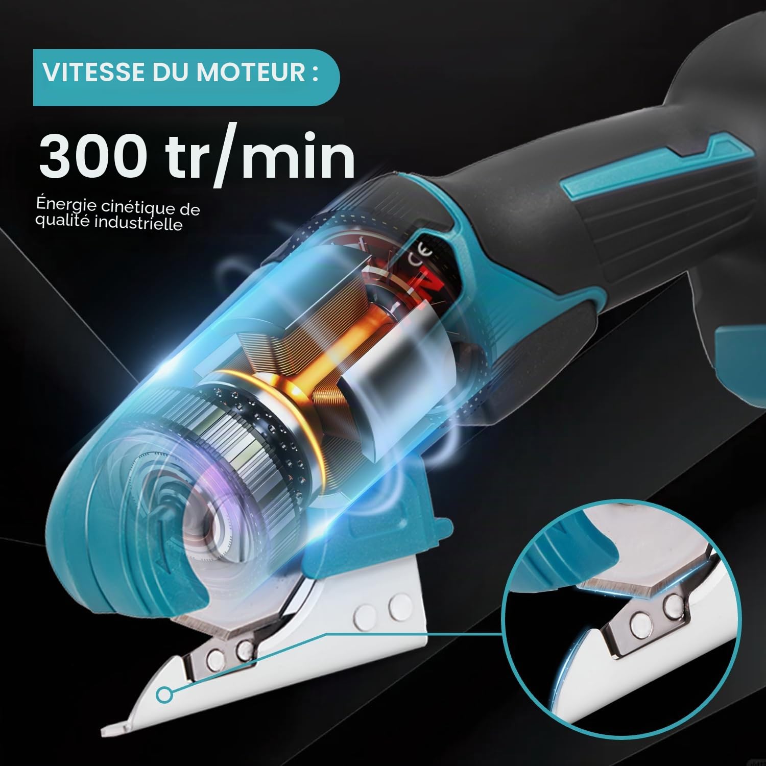 ONEVAN Ciseaux électrique tissu couture sans fil professionnel 300W - Coupe-tissu industriel haute performance - Découpe précise cuir, tapis, textile (2 batteries lithium + chargeur)