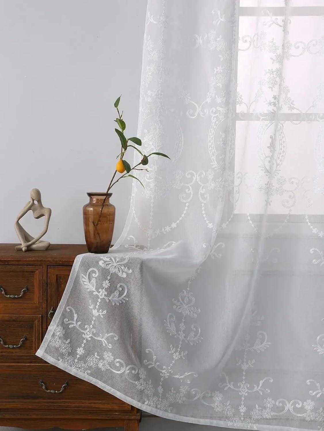 Solid Blackout Curtains for Bedroom Sheer Curtains White Embroidered Floral Voile Drapes for Living Room Bedroom(260x140cm)
