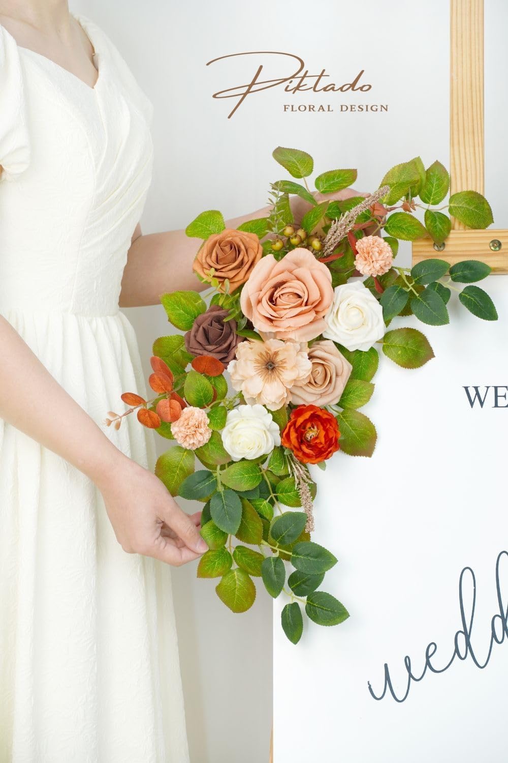 Wedding Decor (Pack of 2) Welcome Sign Flower Backdrop Garland for Ceremony Reception Wall Easel Home Decoration Entryway Faux Outdoor Board Head Table Decor (Orange & Terracotta)