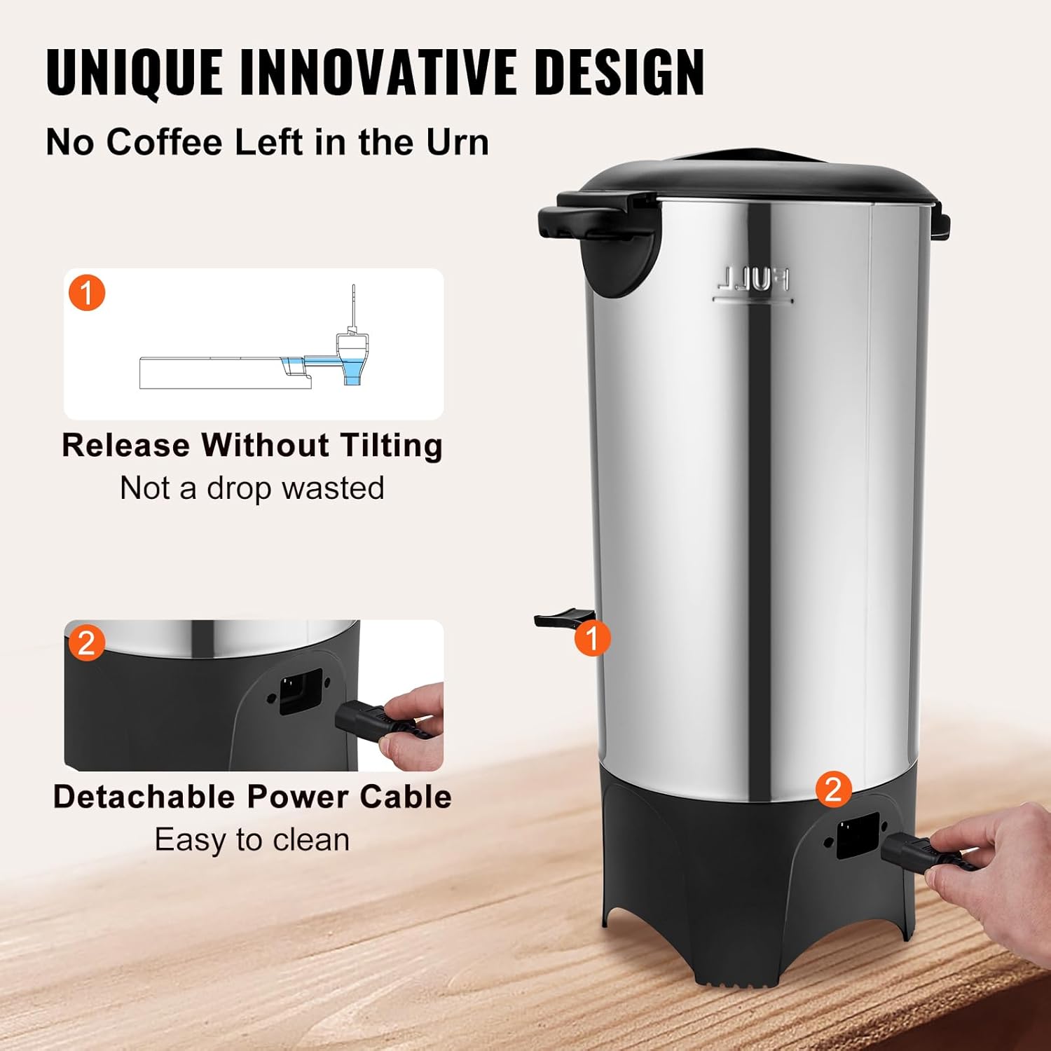 Happybuy 50-Cup Commercial Coffee Urn, Stainless Steel Dispenser, 1000W Electric Maker for Quick Brewing, Detachable Power Cord for Easy Cleaning, Silver