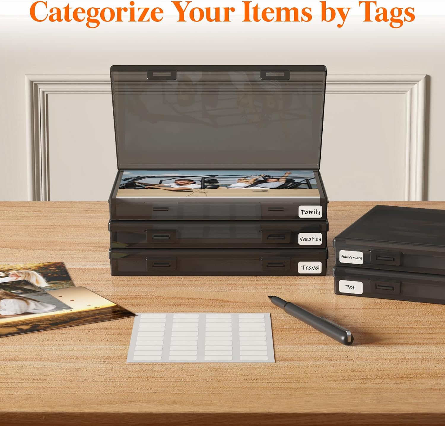 Lifewit 1 Pcs Photo Storage Set with 9 pcs 5"x7" Inner Photo Box& 28 x 22 cm/11x8.5 Transport Case, Craft Organizer for Seed Cards Pictures Office Supplies with 1 Sheet Label Sticker, Black