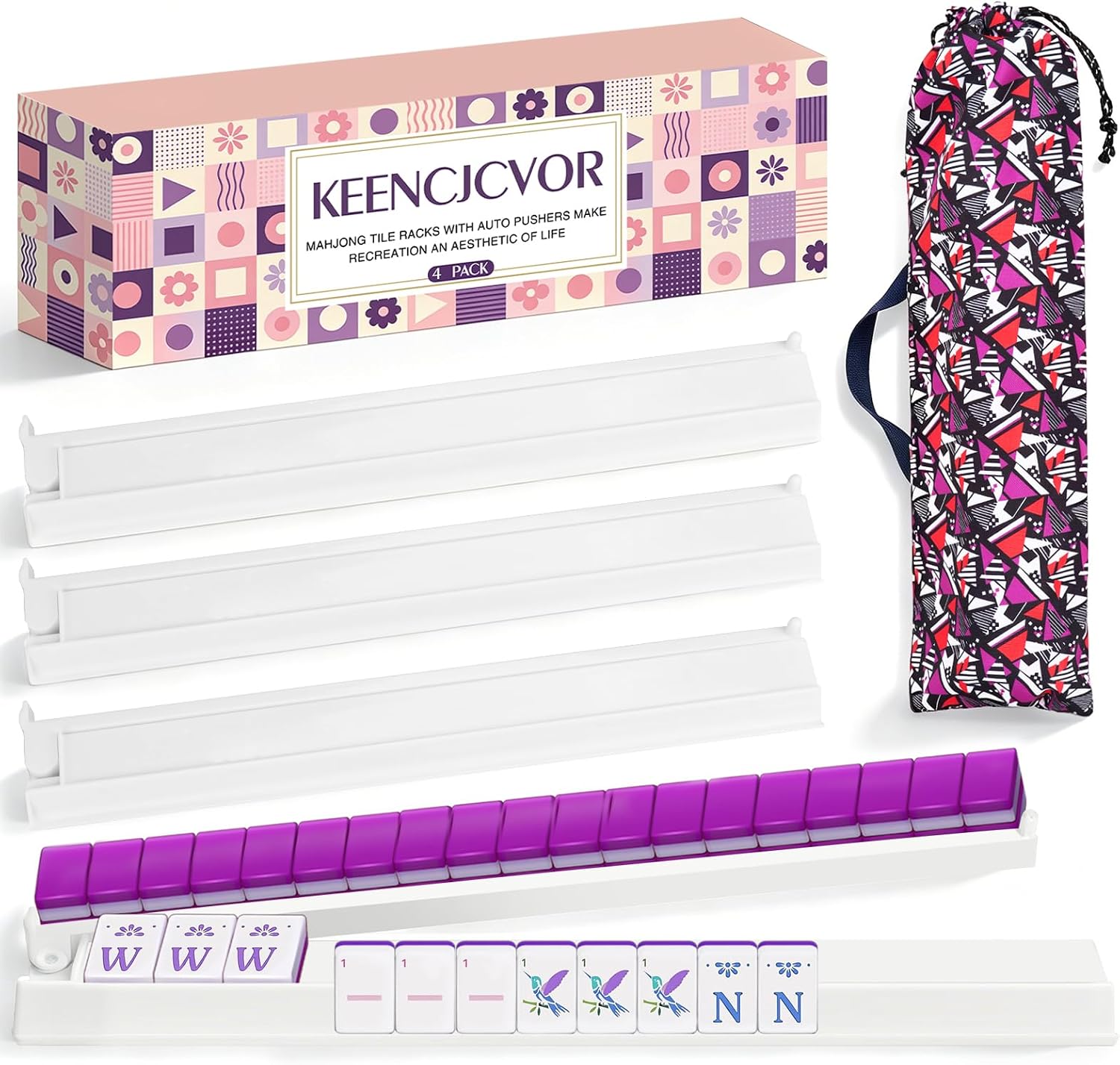 Mahjong Racks with Pushers and Bag, Set of 4 Non-Slip Acrylic Mahjong Tile Holders for American Mahjong, All-in-One Rack Set with Gift Box(White)