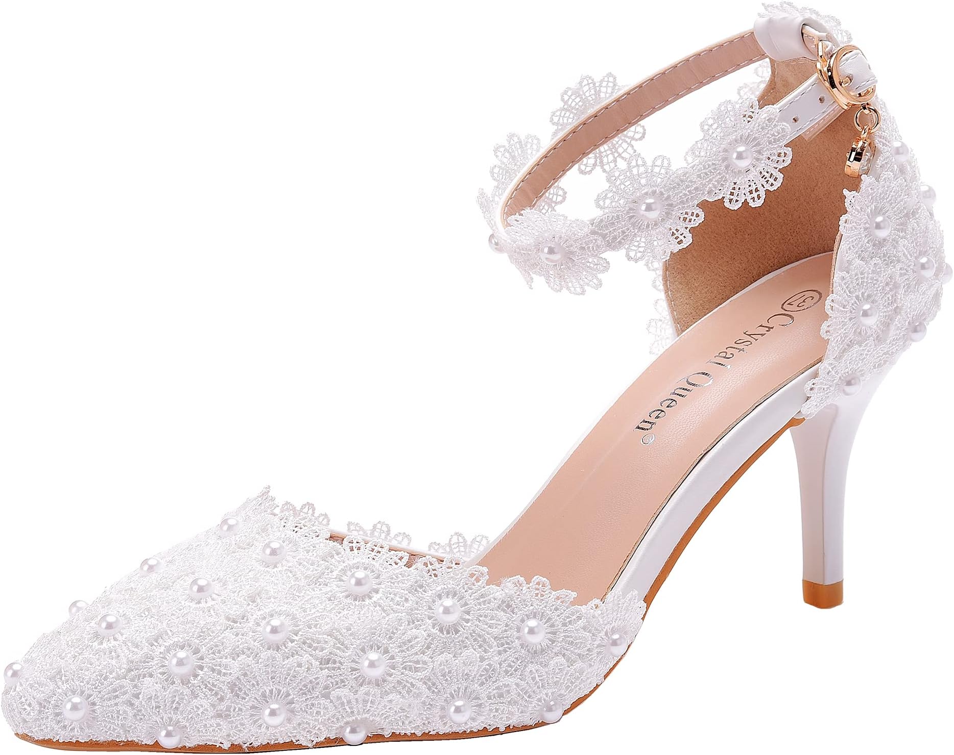 Women High Heels Sandals White Lace Pearls Wedding Shoes Pointed Toe Bridal Shoes