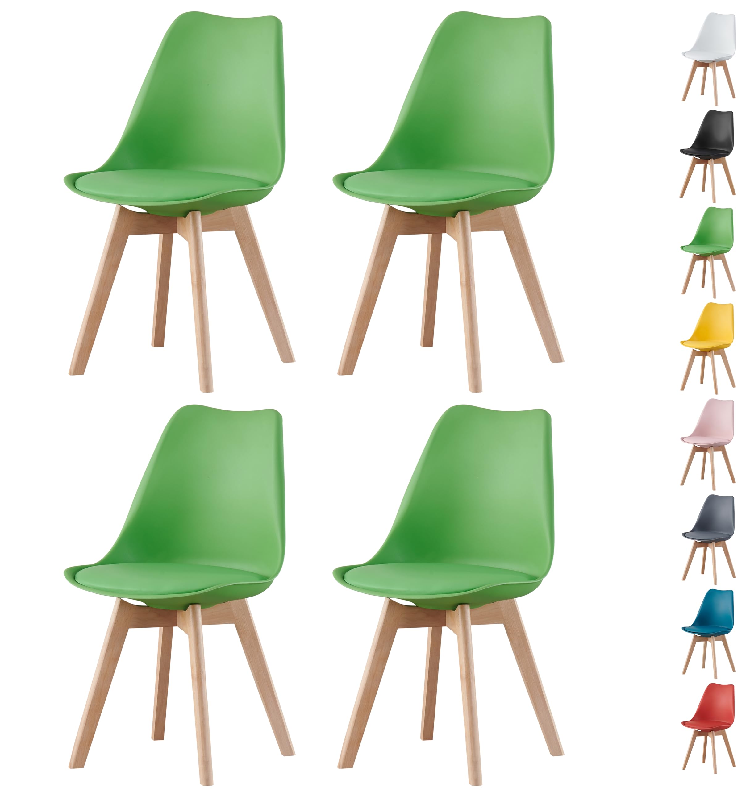 MOF Dining Chairs Set of 4 – Modern Faux Leather Dining Room Chairs with Wooden Legs, Padded Seat & Curved Backrest–Easy to Clean Chair for Lounge, Kitchen, Office - Stylish DELUXE Retro EVA (GREEN)