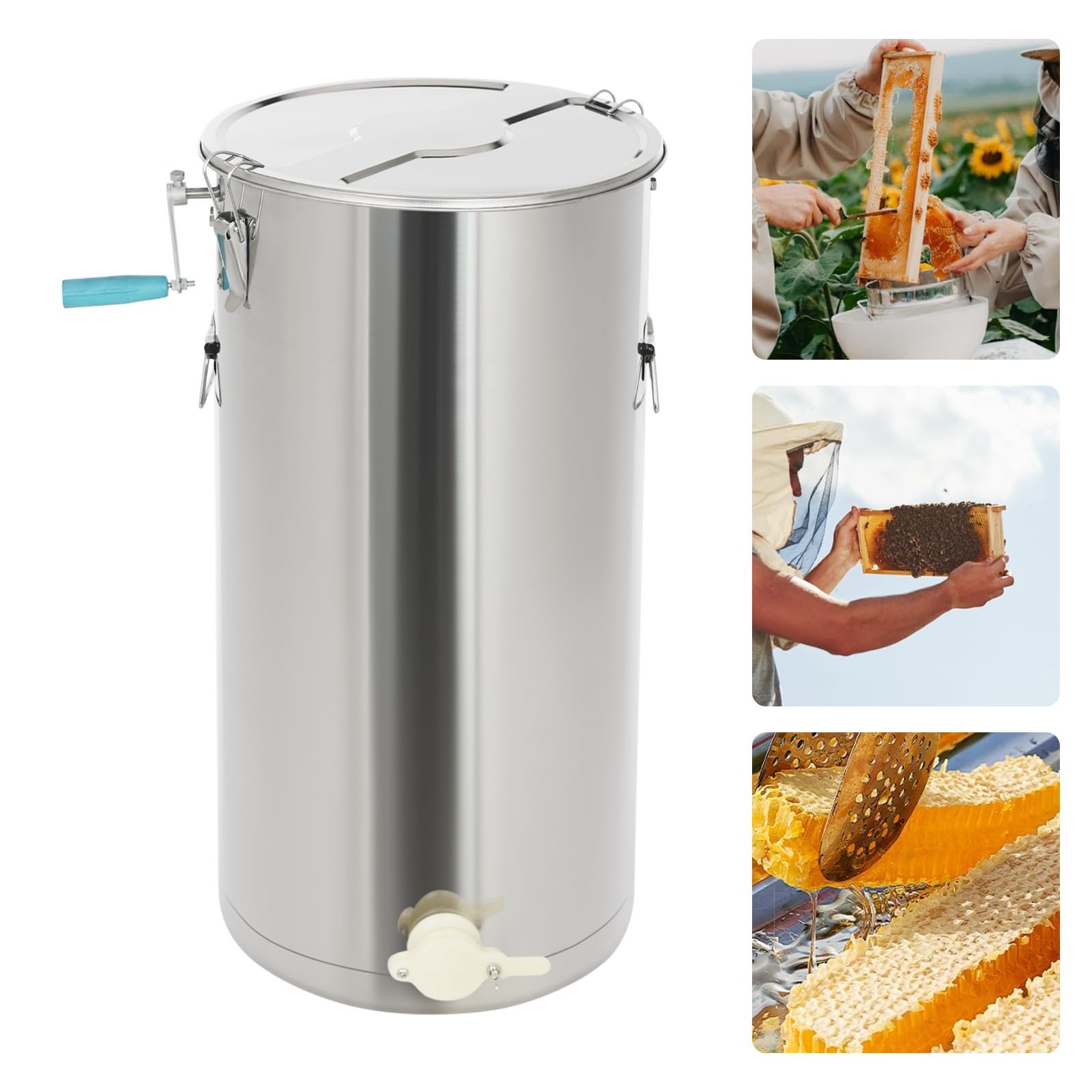 Manuelle Honigschleuder Edelstahl für Bienenrahmen bis 24x50 cm mit 22,5 kg Honigkapazität für Imker und Hobbyimker freistehend ohne Montage glatter Honigauslauf