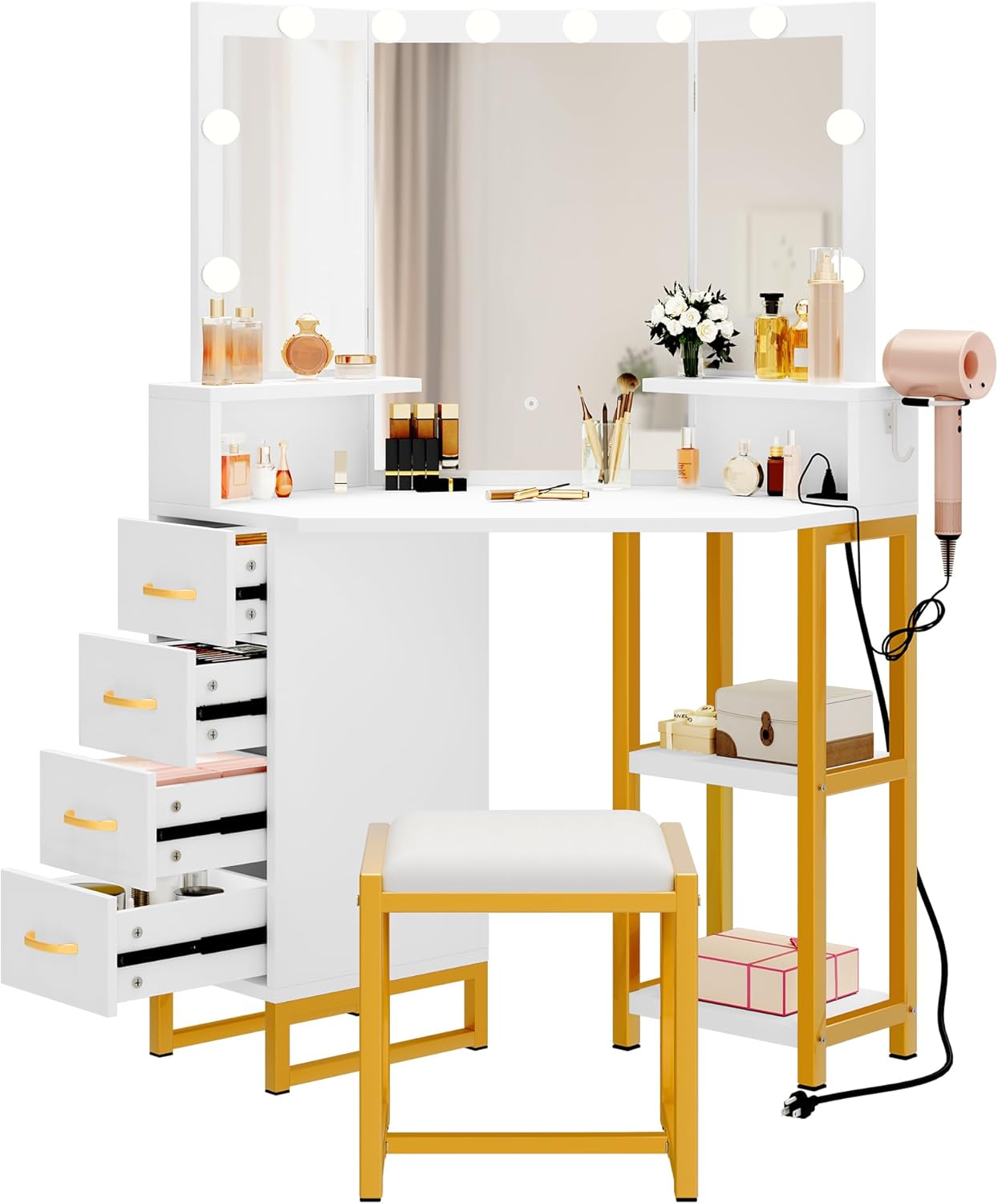 YITAHOME Vanity Desk with Lights - Makeup Vanity with Power Outlet, 3 Color Lighting Options, Adjustable Brightness, Corner Vanity Set with 4 Storage Drawers, Shelves and Stool for Women Girls, White White Modern