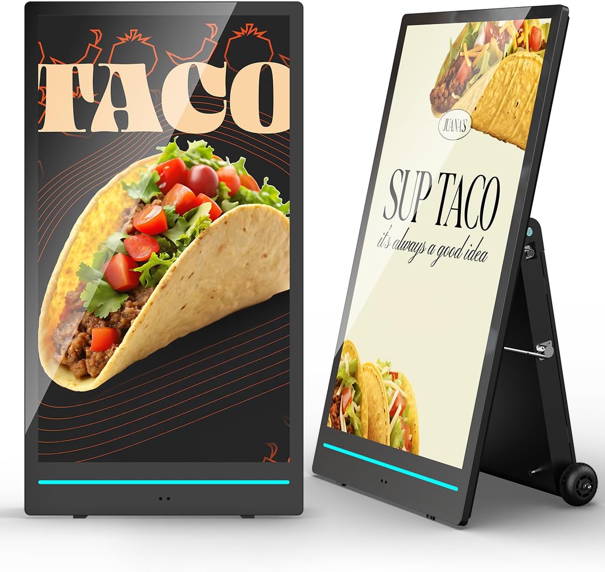 Pantalla de señalización digital móvil para exteriores de 55 pulgadas, quiosco de exhibición publicitaria a prueba de agua IP65 LCD con batería recargable, ajuste automático de brillo y pantalla resistente a impactos