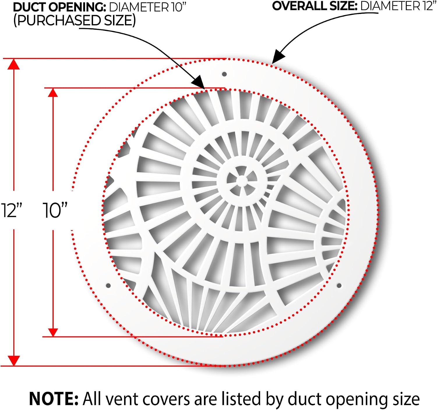 SABA Home Decor Air Vent Cover Grille - Acrylic Plexiglass 10" Round Duct Opening (12" Round Overall) White Finish Decorative Register Covers for Walls and Ceilings NOT for Floor USE, Waterwheel