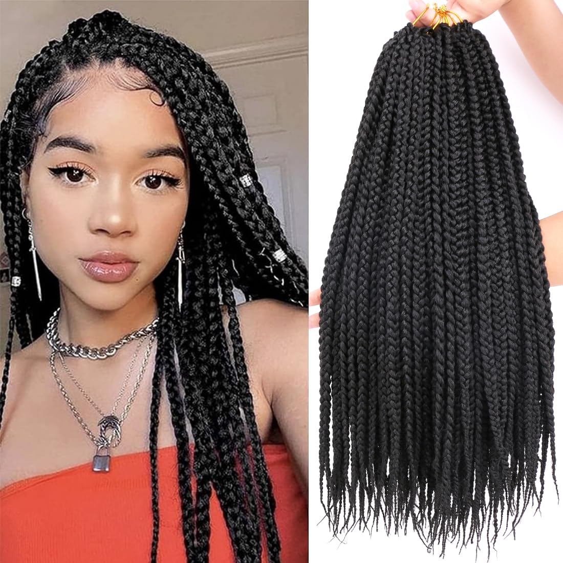 8 Packs Goddess Box Braids Crochet Hair 18 Inch Prelooped Crochet Box Braids for Black Women 3X Knotless Natural Black Braided Straight Braiding Hair Extensions (1B#)