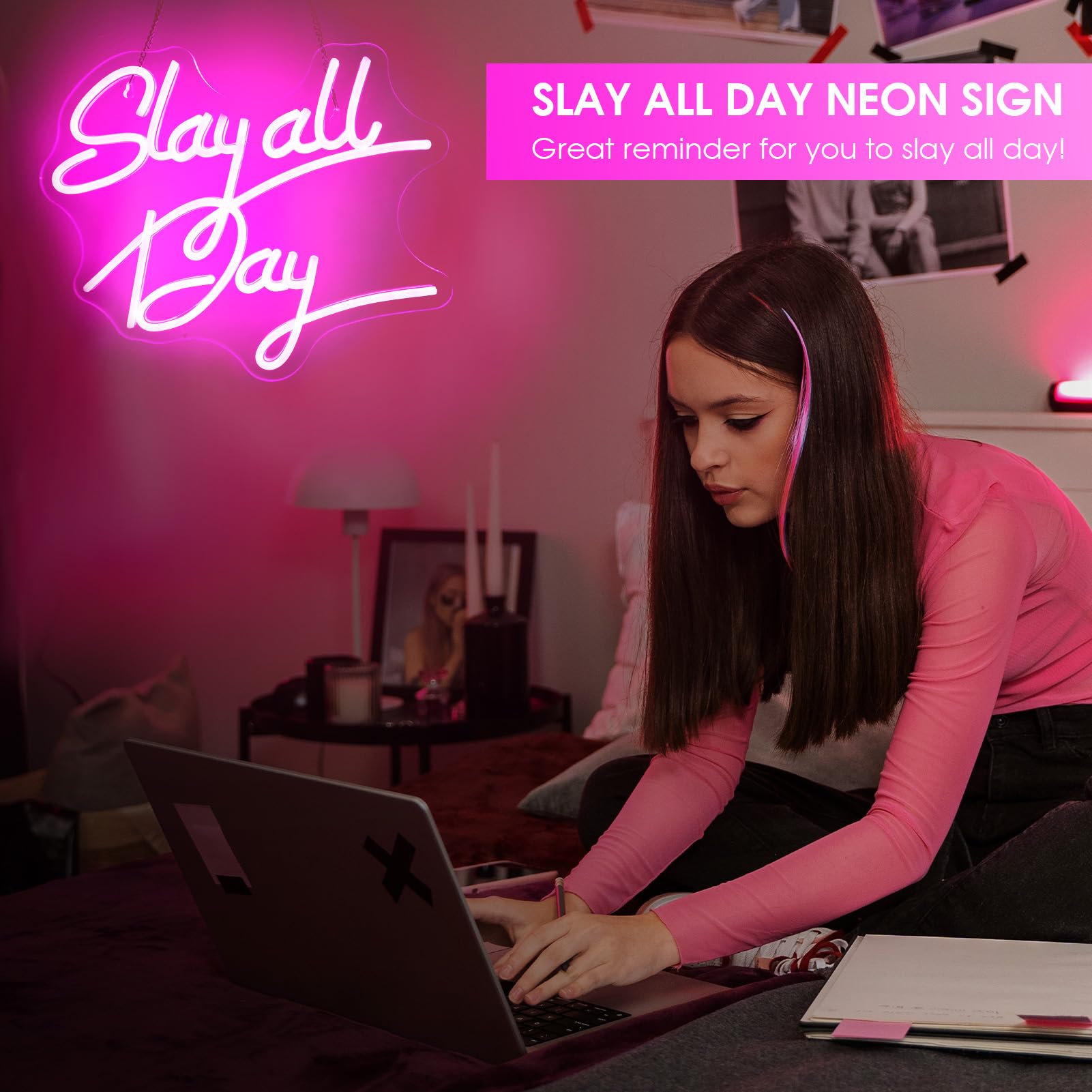 ReyeeInc Slay All Day Neon Sign, Pink Aesthetic Slay Neon Lights and USB Powered Bright Dimmable Funny Y2k Signs for Teen Girls Preppy Dorm Room Women Bedroom Downtown Coquette Room Wall Decors