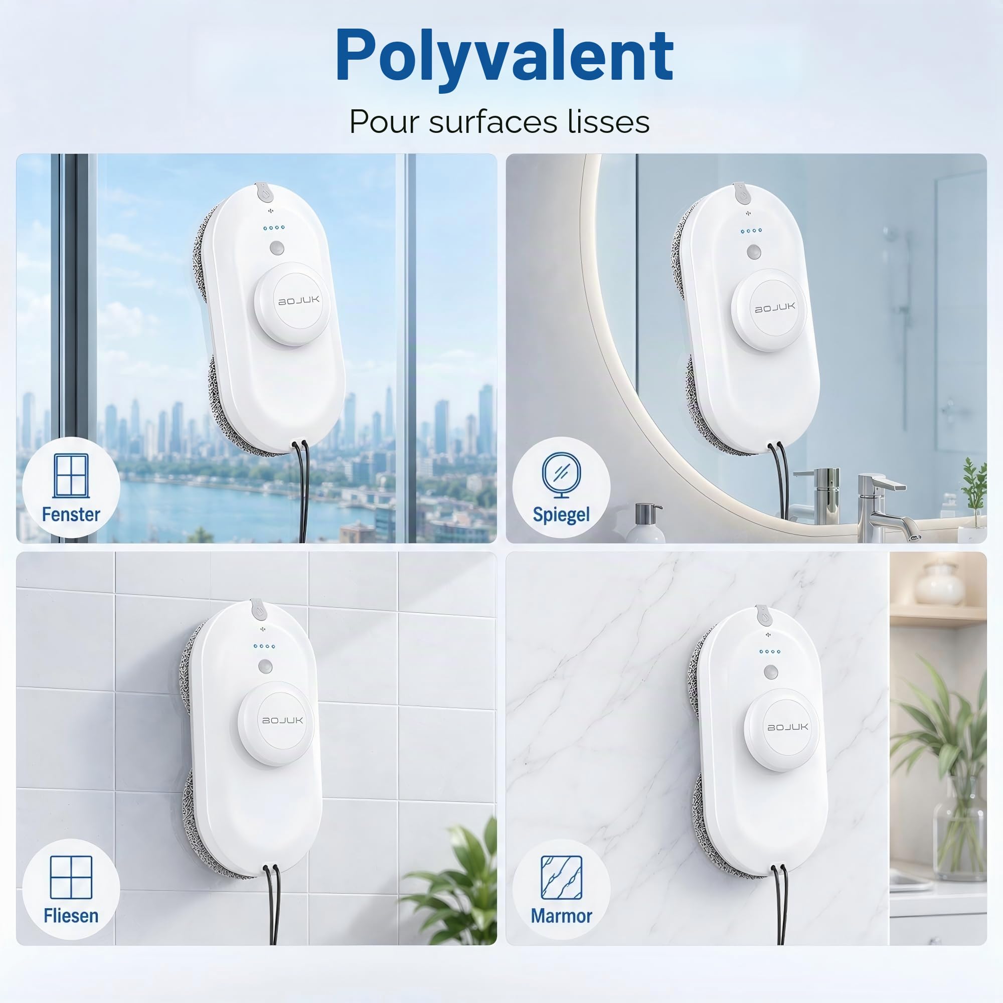 Robot lave-vitres, Robot lave-vitres 5000Pa, Système de pulvérisation double, Réservoir de 100ml, Navigation intelligente, 3 modes, Détection des bords, UPS, Nettoyage sans faille pour le verre