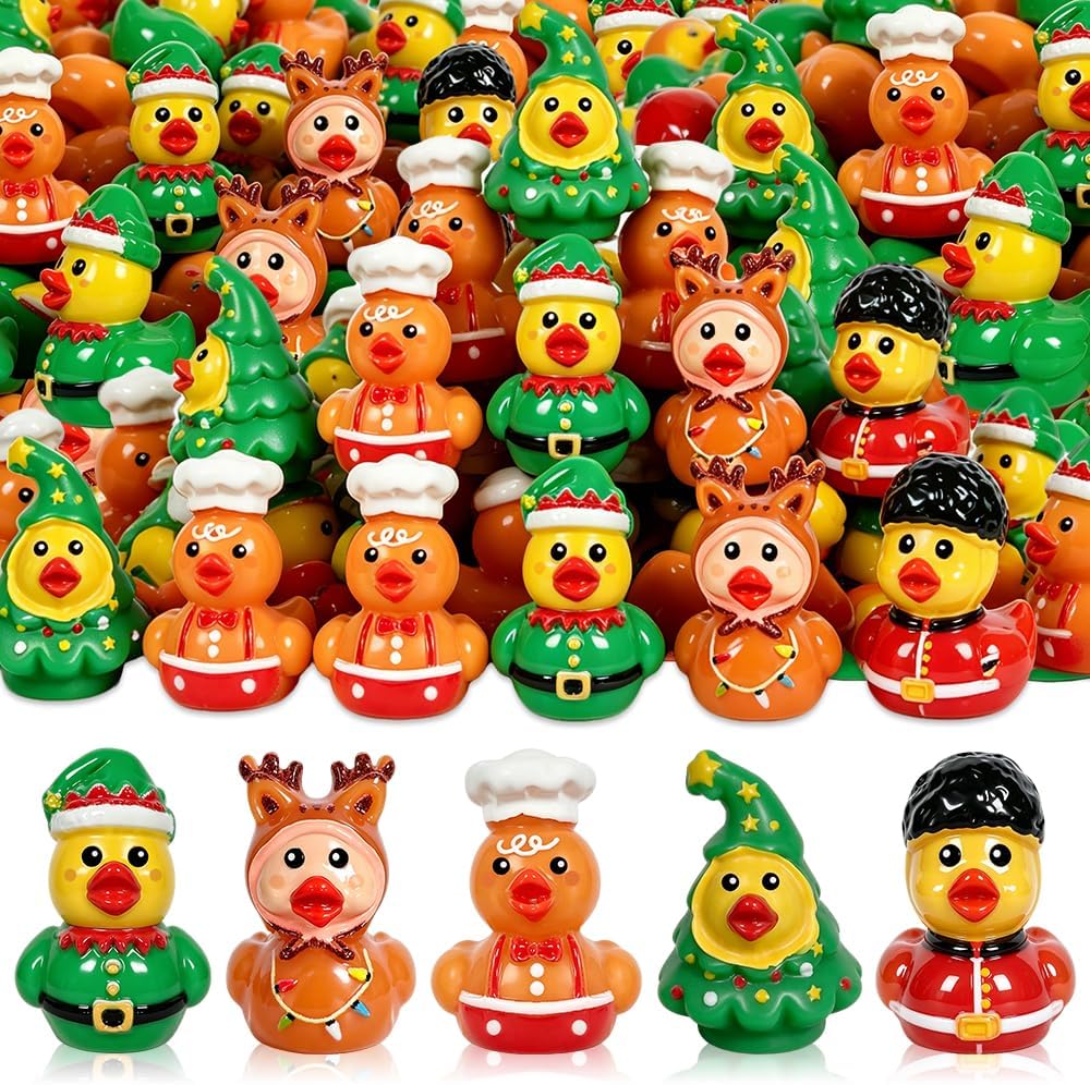 60Pcs Christmas Mini Resin Ducks, Novelty Elk Tree Gingerbread Man Christmas Dress-up Duck, Holiday Duck for Xmas Winter Party Favor Goodie Bag Stocking Stuffers Supply (5Styles)