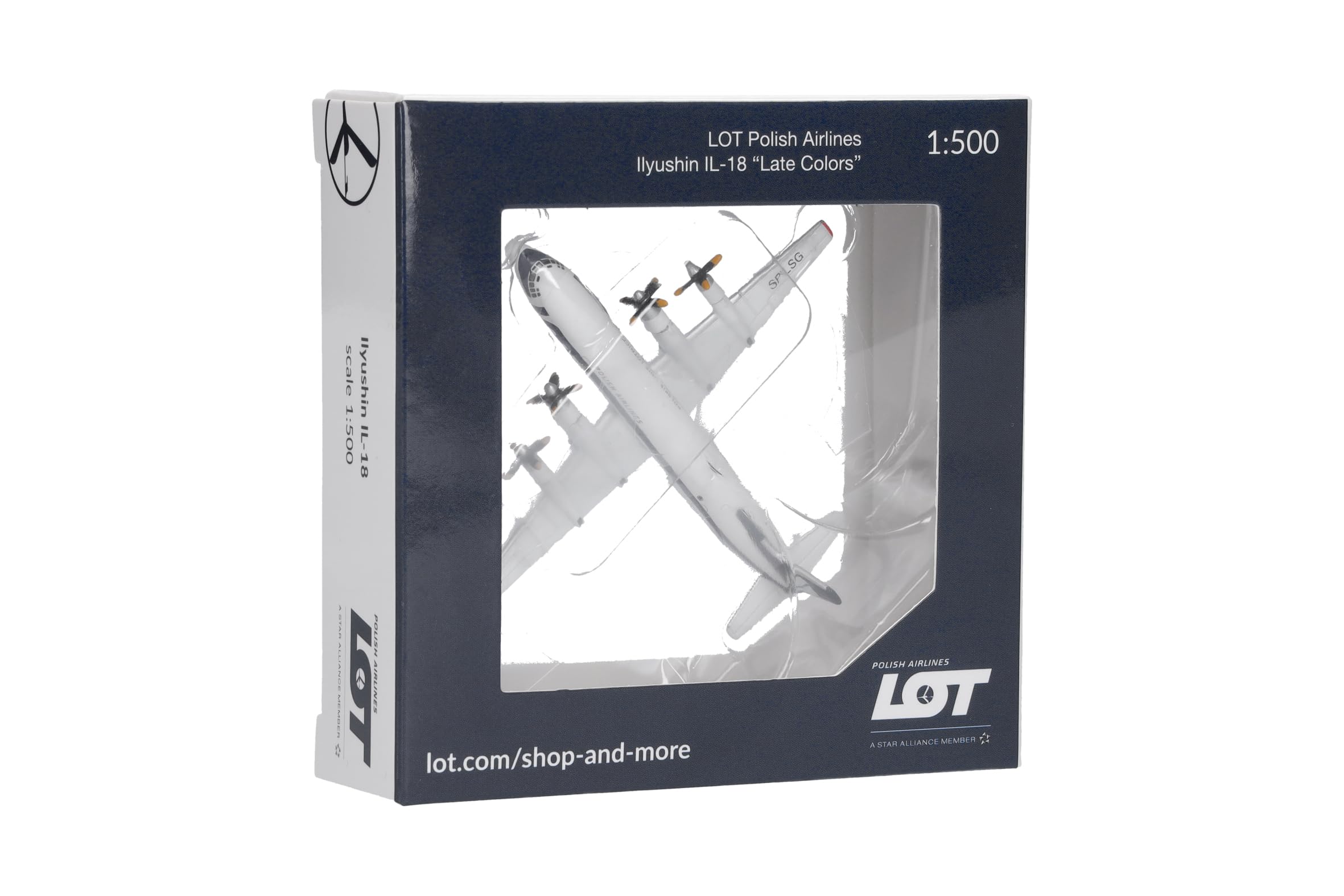Herpa model samolotu LOT Polish Airlines Ilyushin IL-18 (późne barwy), miniatura w skali 1:500, model kolekcjonerski, model samolotu bez podstawki, metal
