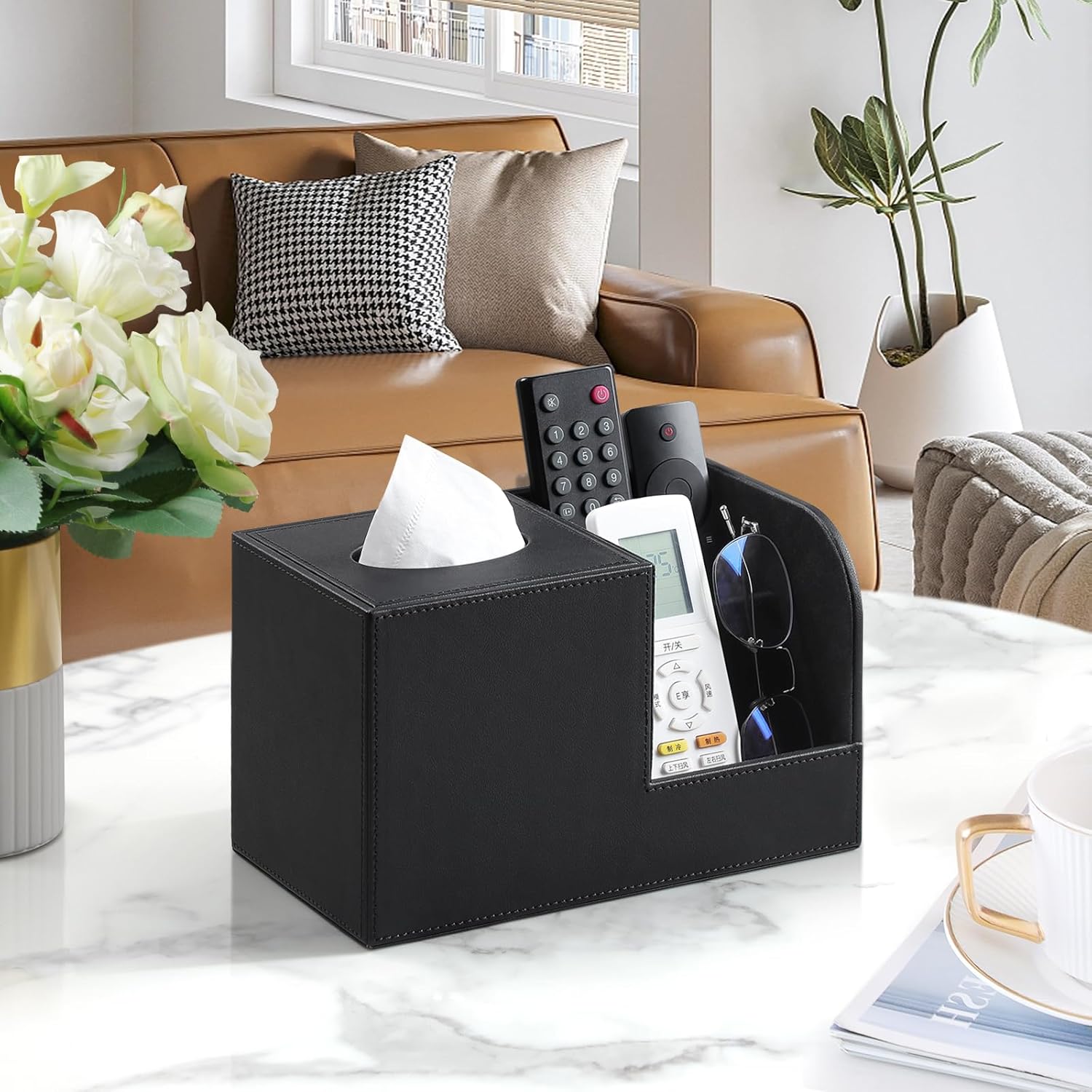 PU Leather Tissue Box Cover with Remote Control Holder, Square Tissue Box Holder for Living Room Bathroom Office (Black)