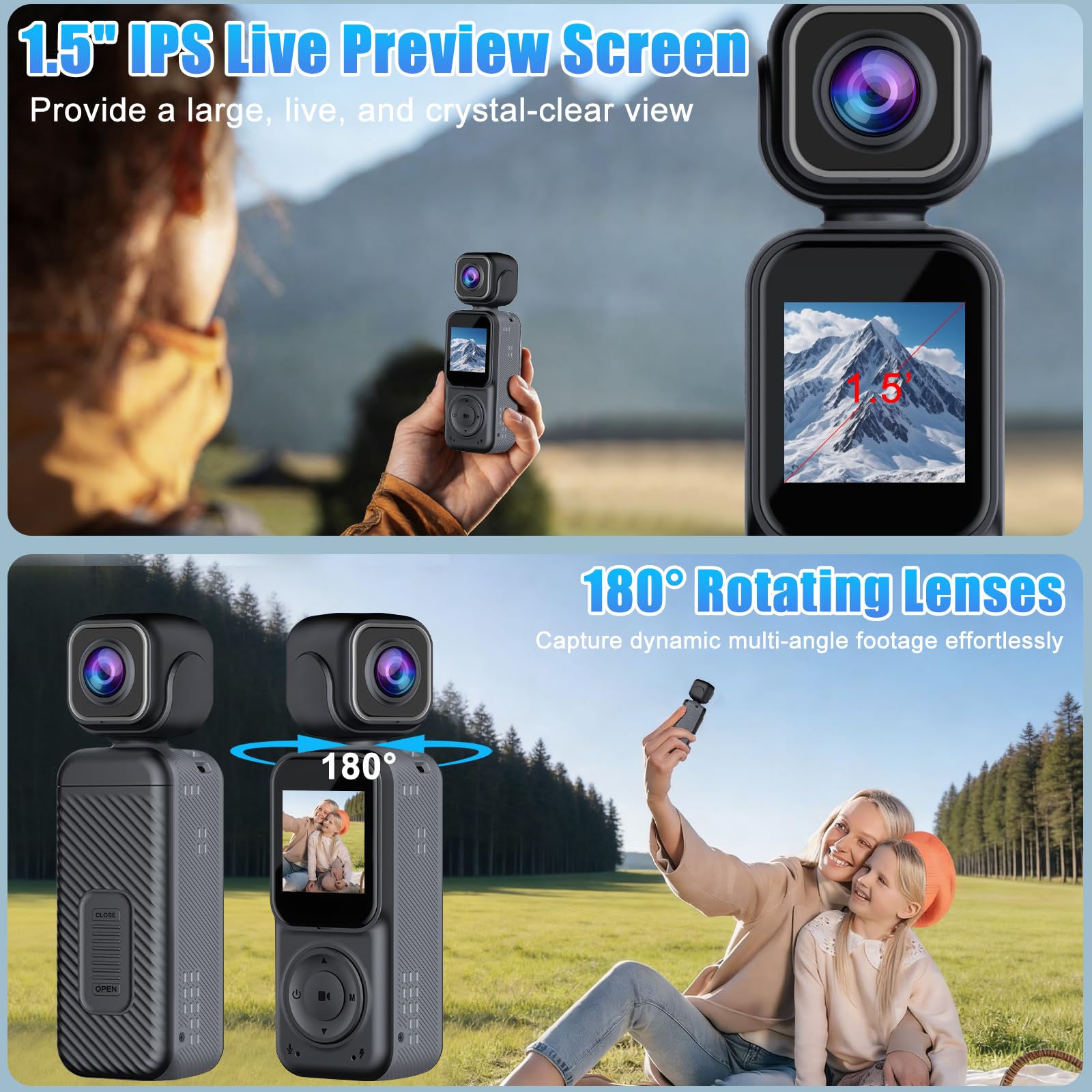 OBEST 4K Vlog Camera, Front and Rear Dual Cameras, Action Camera with 180 Degree Swivel Lens and Night Vision, Travel Camera, Sports Camera Riding, Skiing and Cycling - 4