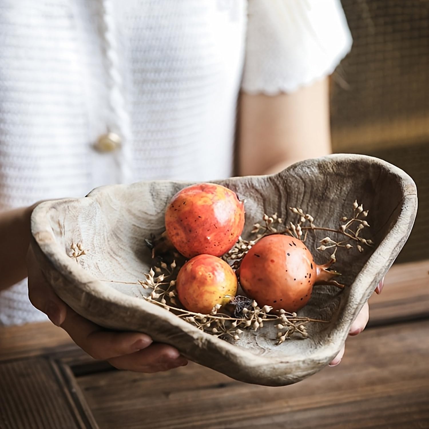 9 inch Wooden Bowl Decorative Wood Fruit Bowl, Hand-Carved Decorative Bowl