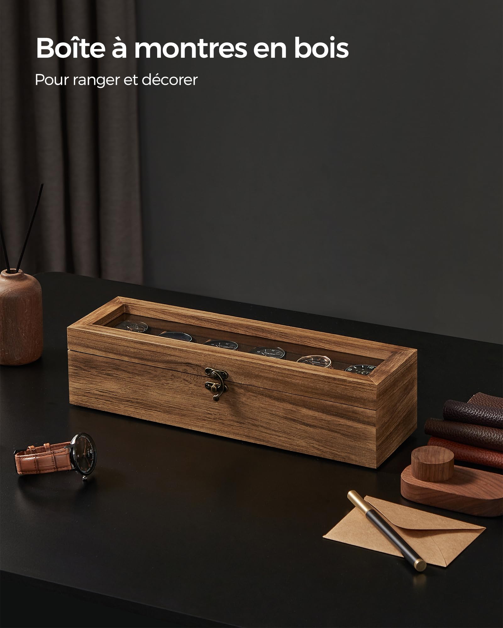 SONGMICS Boîte à Montres 6 Compartiments, Coffret à Montres en Bois, Écrin, avec Couvercle en Verre, Coussinets pour Montres, Couleur Noisette JOW006K01