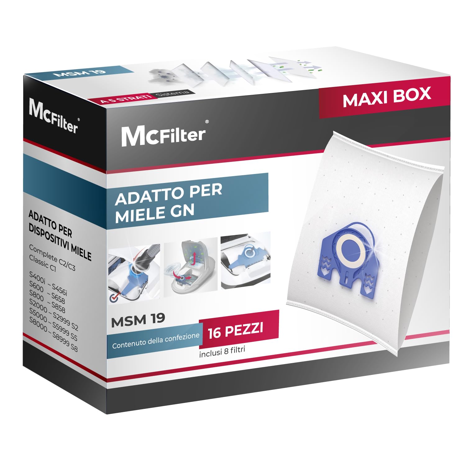 Electrue Sacchetti Per Aspirapolvere Bag307 - Compatibili Con Miele Modelli GN, Set Con Filtro Incluso, Confezione Leggera E Pratica