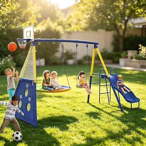 5 in 1 Kids Swing Sets for Backyard with Slide