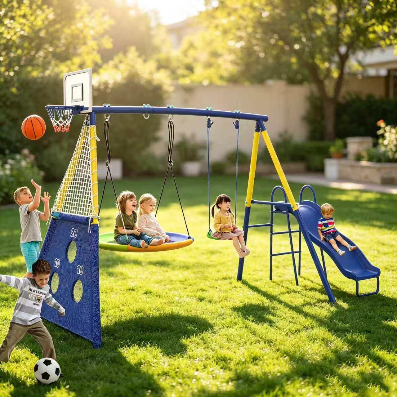 5-in-1 Kids Swing Sets for Backyard with Slide