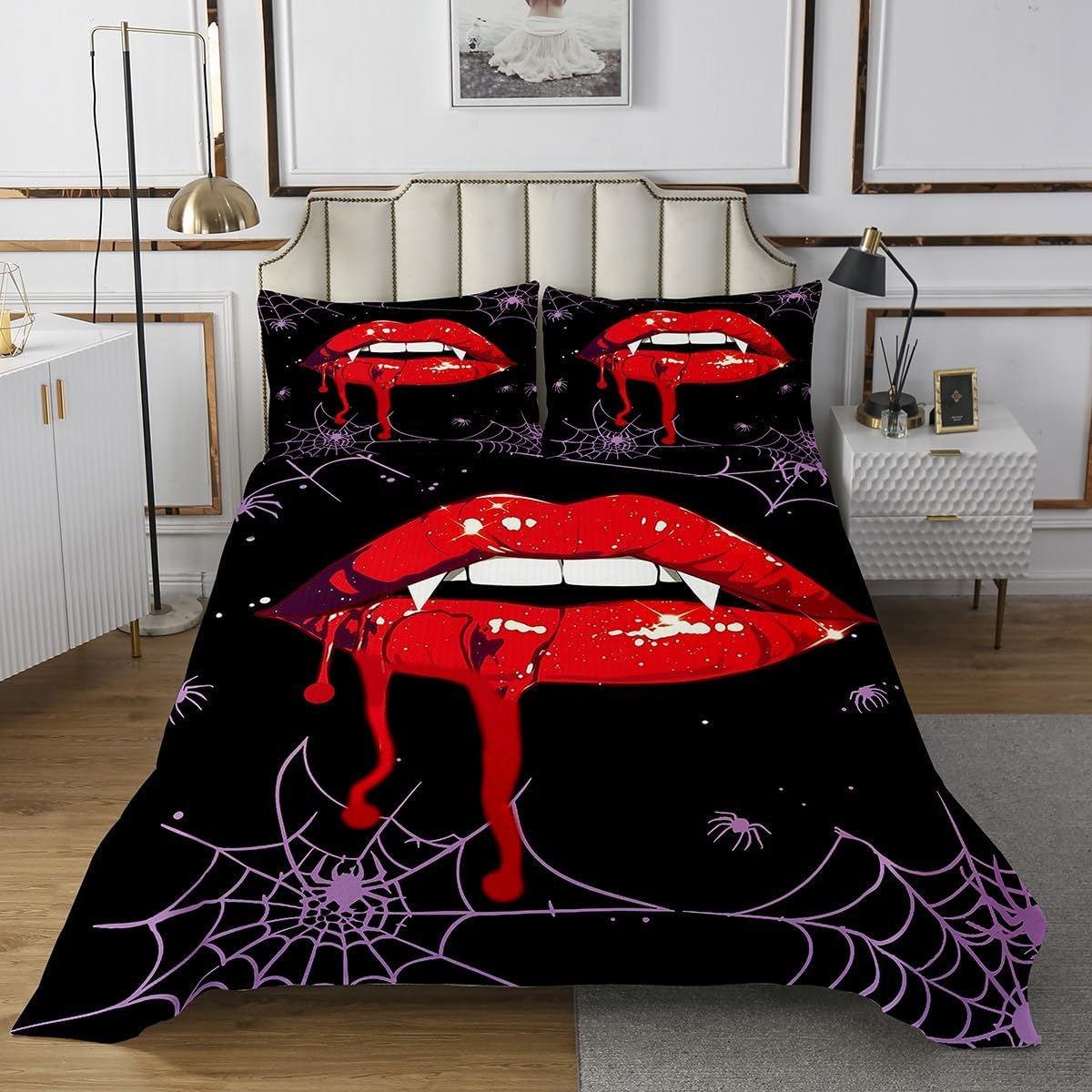 Erosebridal Gothic Halloween Decor King Bedding Set for Boys Girls Kids Sexy 3D Red Lips Mouth Bedspread Set Exotic Spider Web Red Purple Coverlet Set Room Decor with 2 Pillow Cases